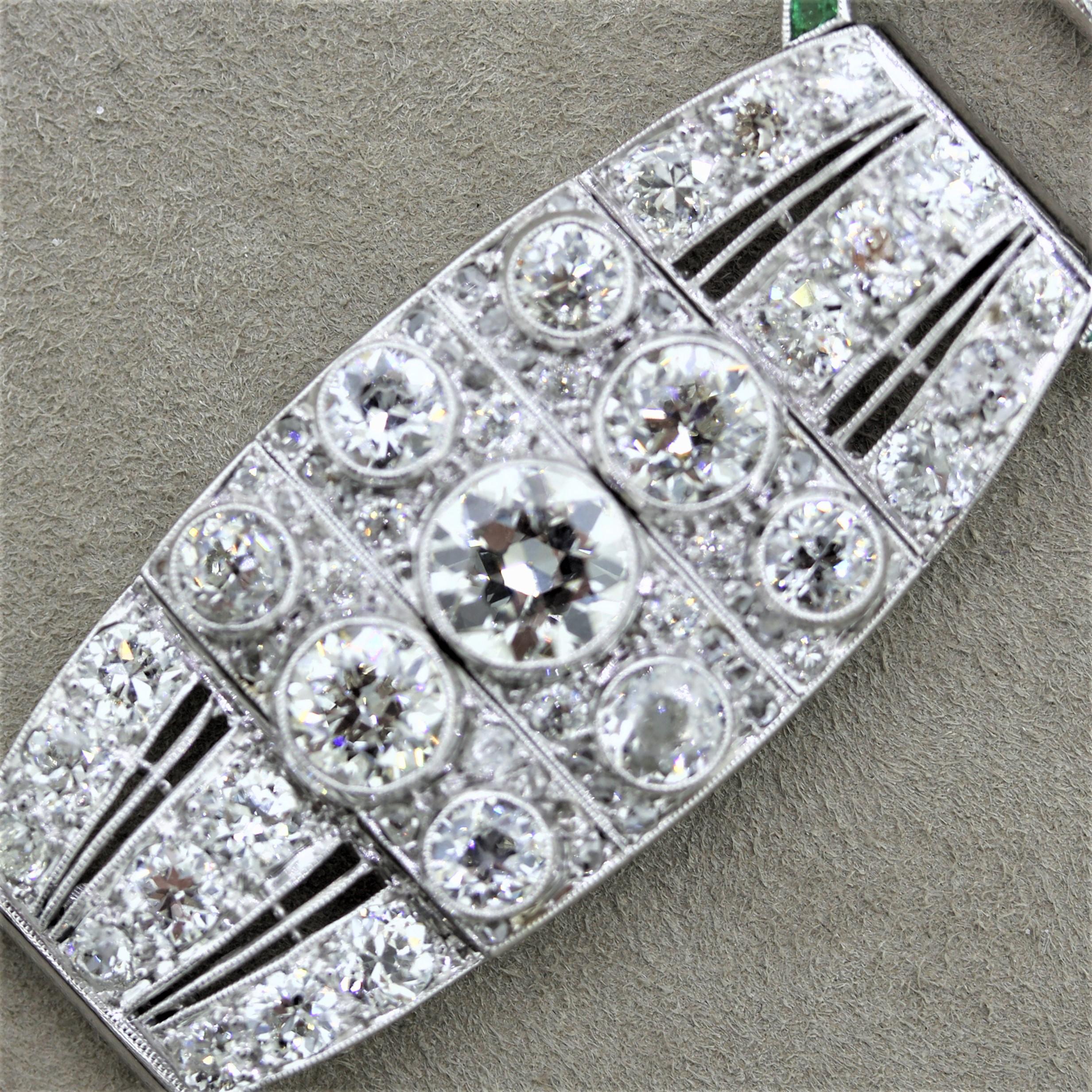 Women's Magnificent French Art Deco Diamond Emerald Platinum Bracelet For Sale