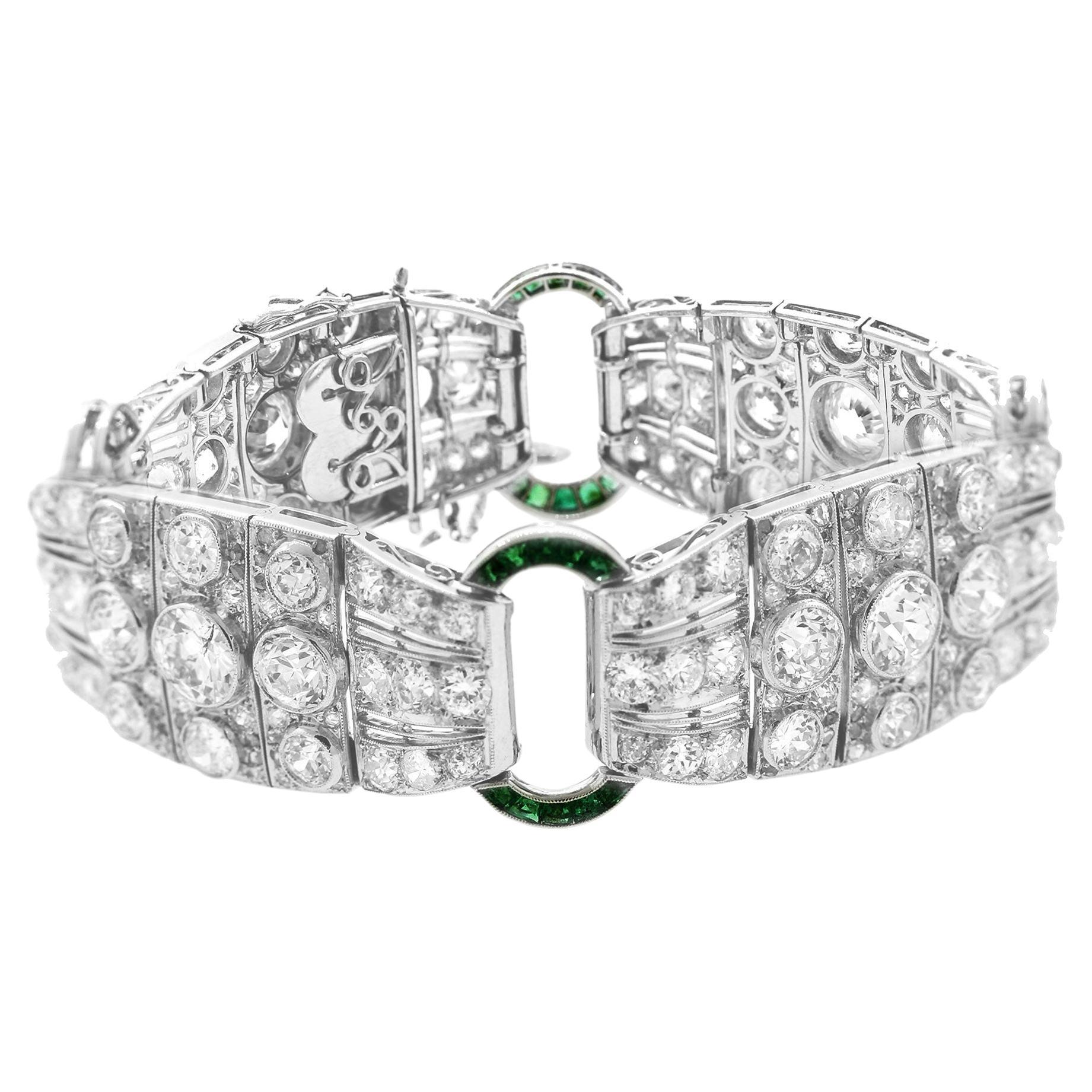 Magnificent French Art Deco Diamond Emerald Platinum Bracelet For Sale