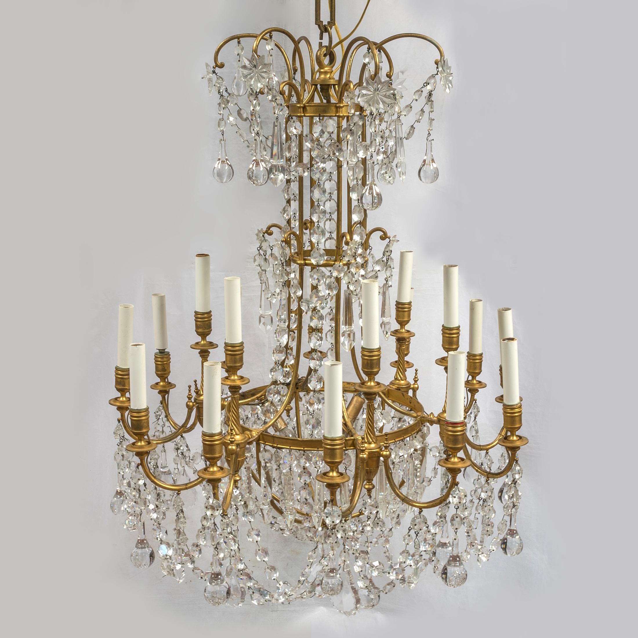 About

A magnificent French ormolu and baccarat crystal 18-light chandelier cut and molded glass suspending beaded strands shaped prisms and tear-shaped drops.

Date: 19th century
Origin: French
Size: 35 x 26 inches.