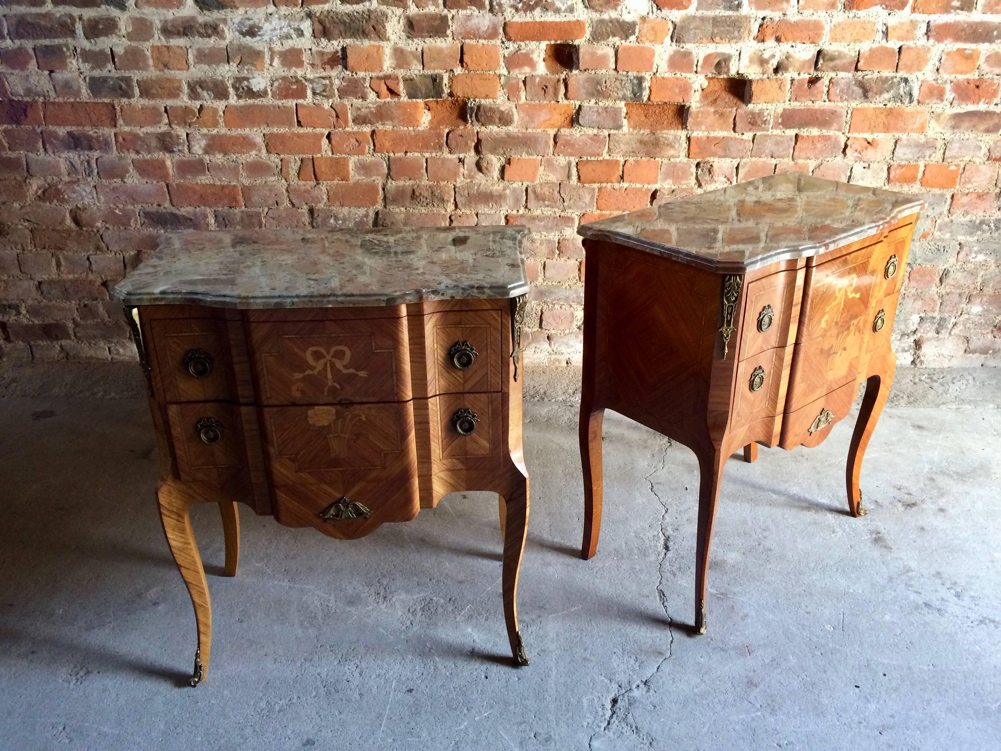 Marquetry Pair of Magnificent French Bedside Tables or Nightstands in Louis XV Style