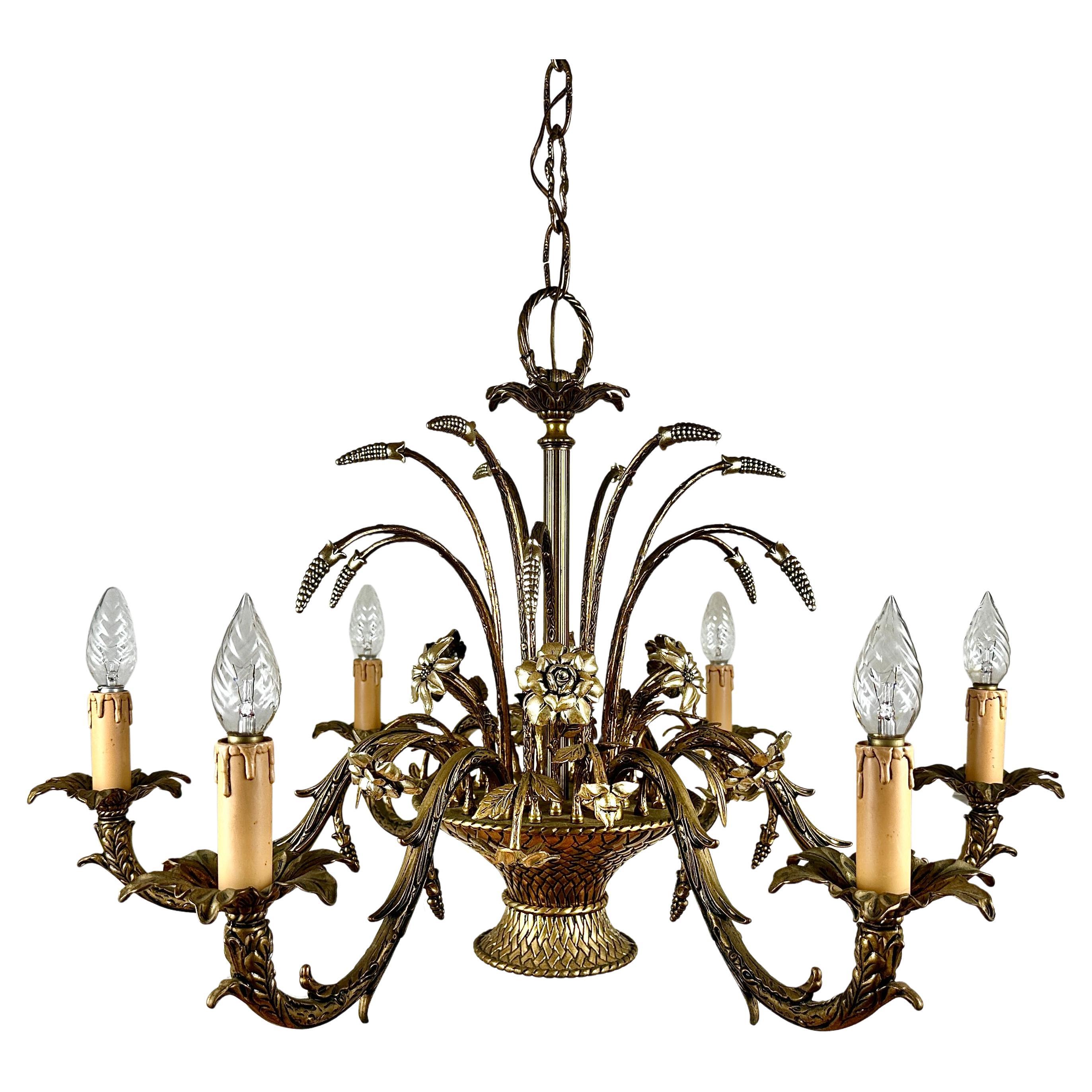 Magnifique lustre en bronze français - Sculpture lumineuse en forme de bouquet floral, années 1960