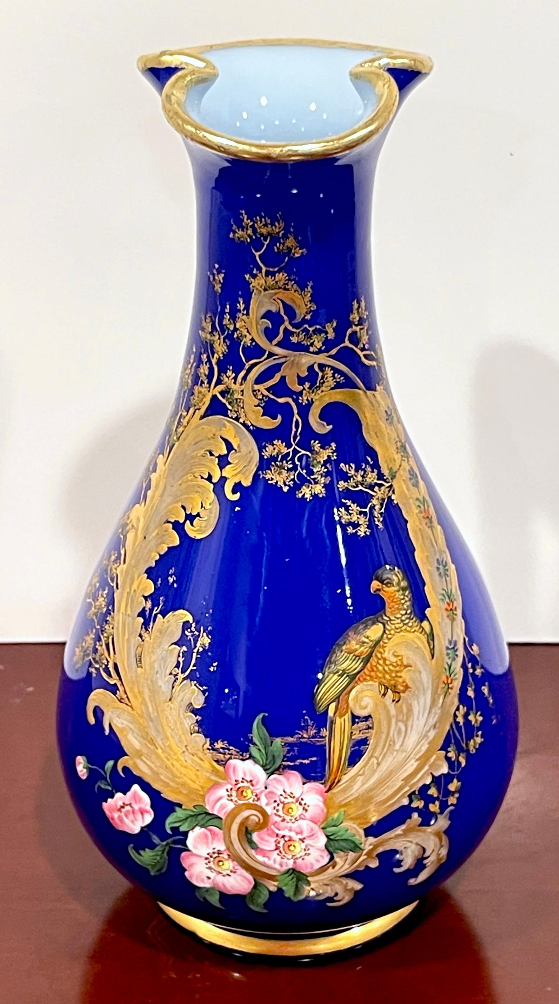 Neoclassical Magnificent French Cobalt Gilt Enameled Ewer, Bird of Paradise in Landscape  For Sale