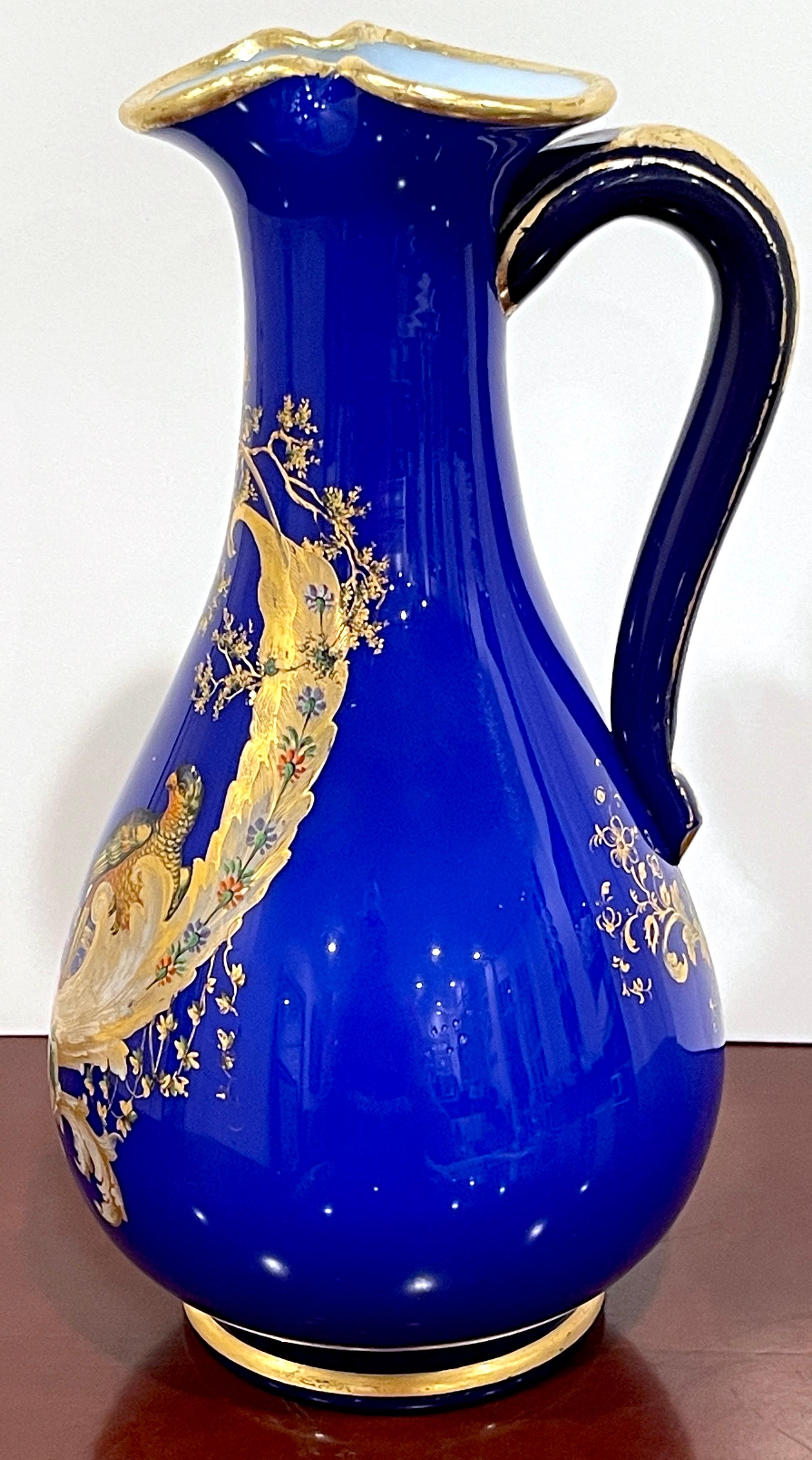 19th Century Magnificent French Cobalt Gilt Enameled Ewer, Bird of Paradise in Landscape  For Sale
