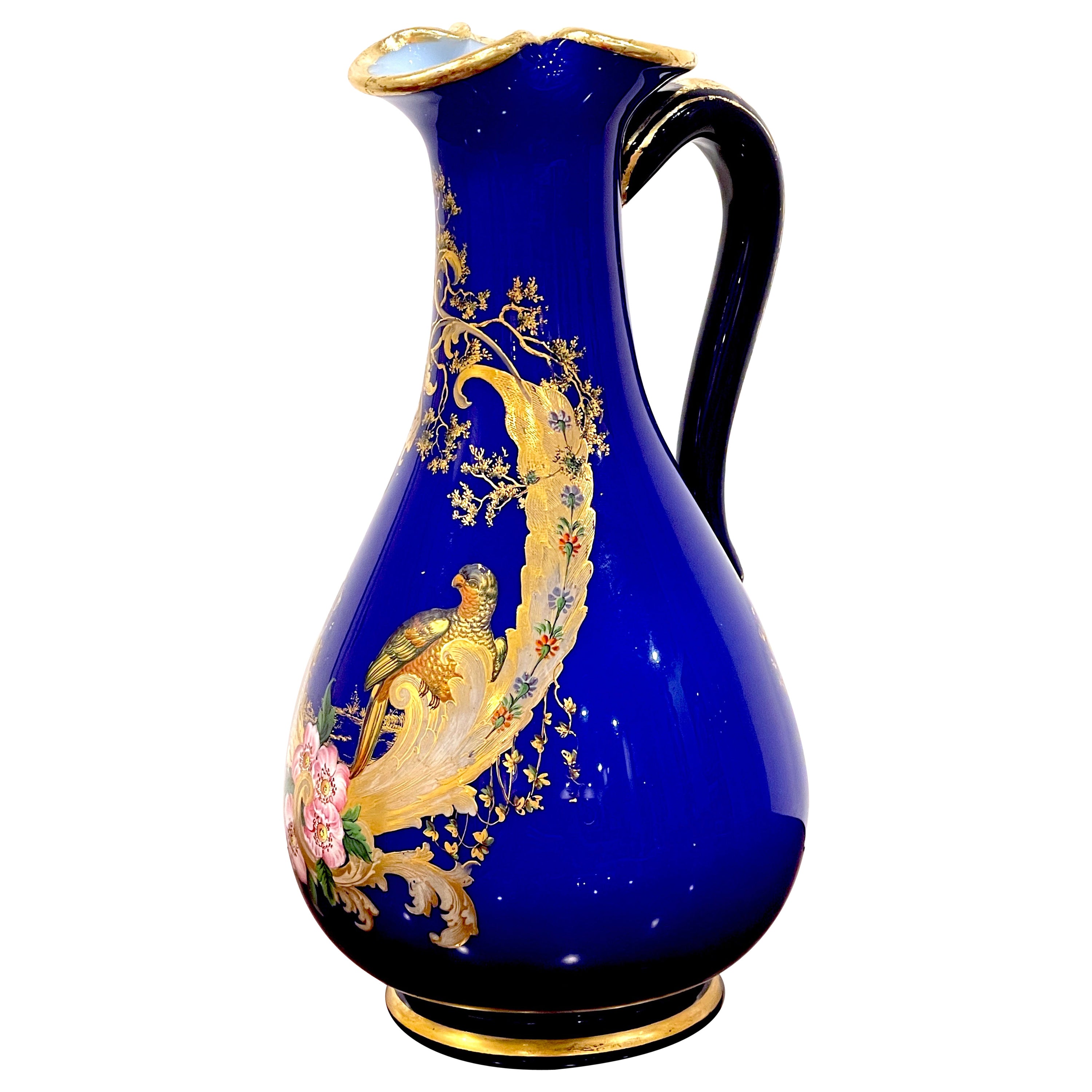 Magnificent French Cobalt Gilt Enameled Ewer, Bird of Paradise in Landscape For Sale