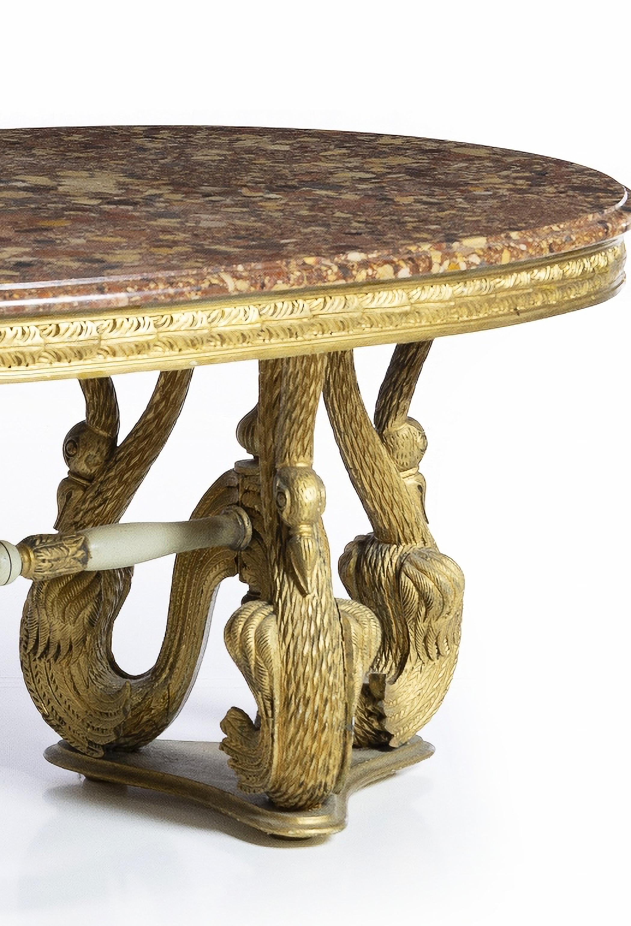 Magnificent French Dining Room table End 19/20th Century

French, carved and golden wood, marble top on two swan columns.
Signs of use.
Dim.: 80 x 170 x 110 cm.
good conditions