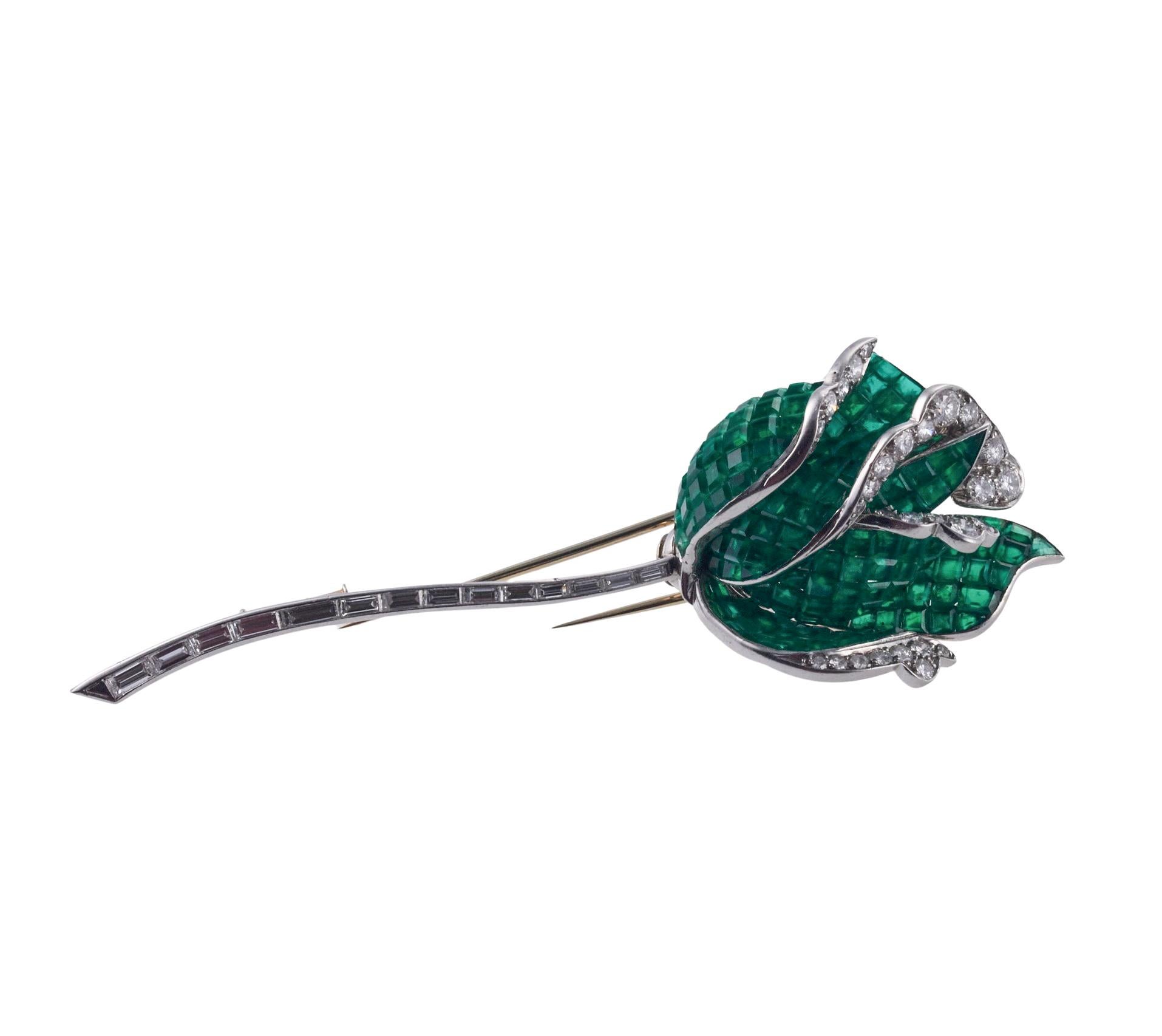 Square Cut Magnificent French Invisible Set Emerald Diamond Gold Rose Flower Brooch For Sale
