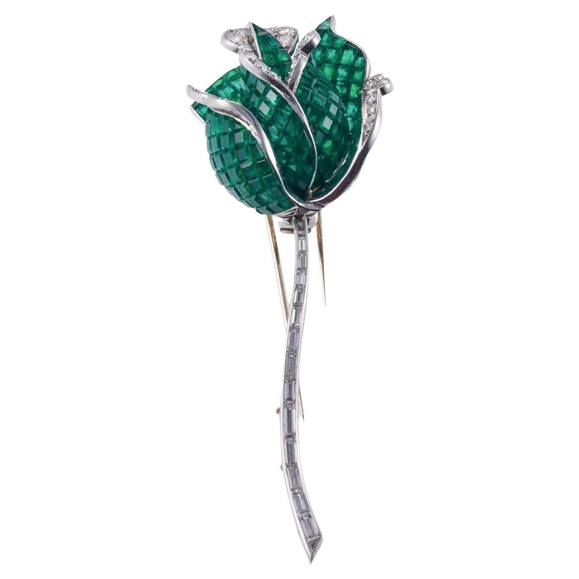 Magnificent French Invisible Set Emerald Diamond Gold Rose Flower Brooch