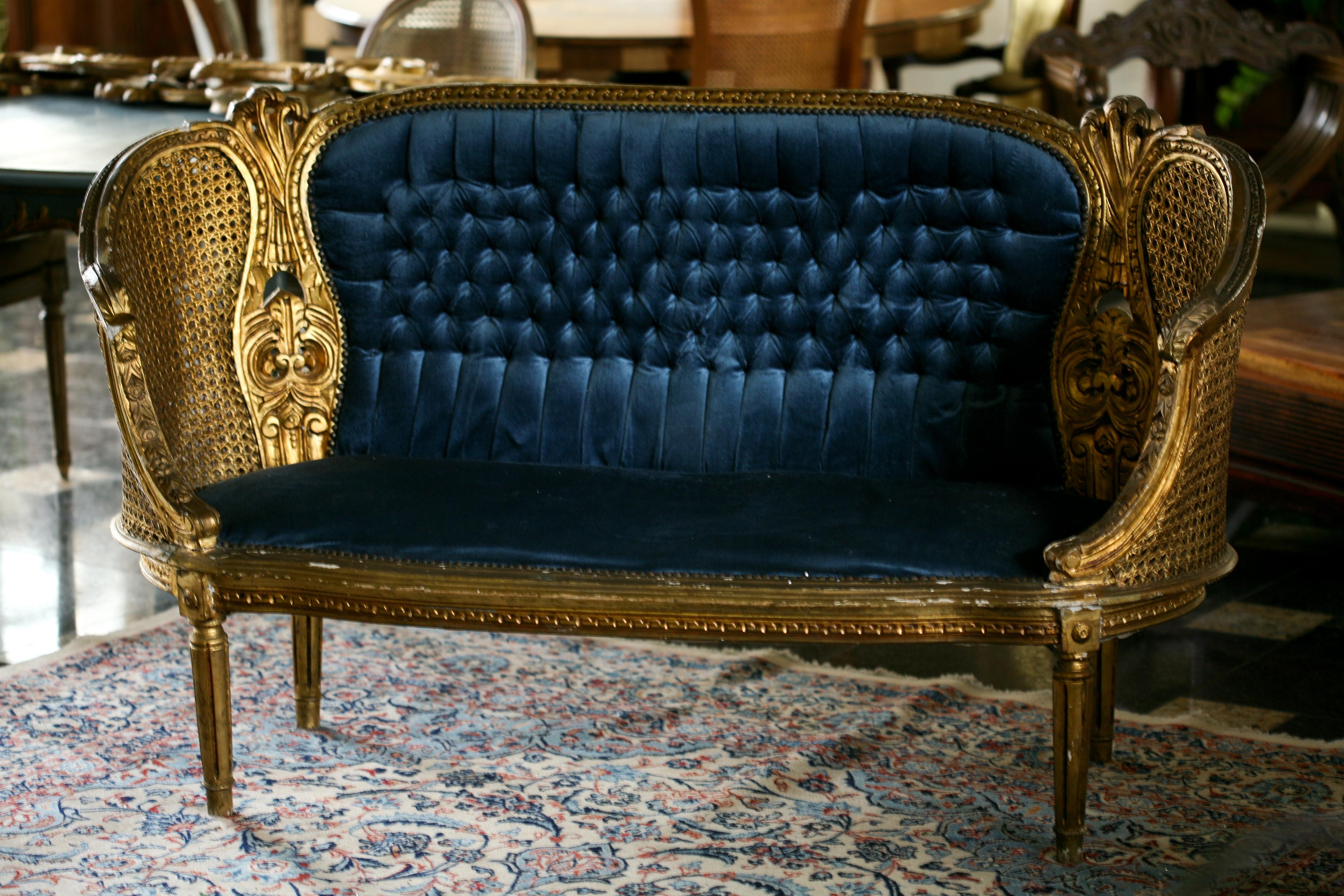 Magnificent French Louis XVI Gilded Cane Blue Settee or Canapé 