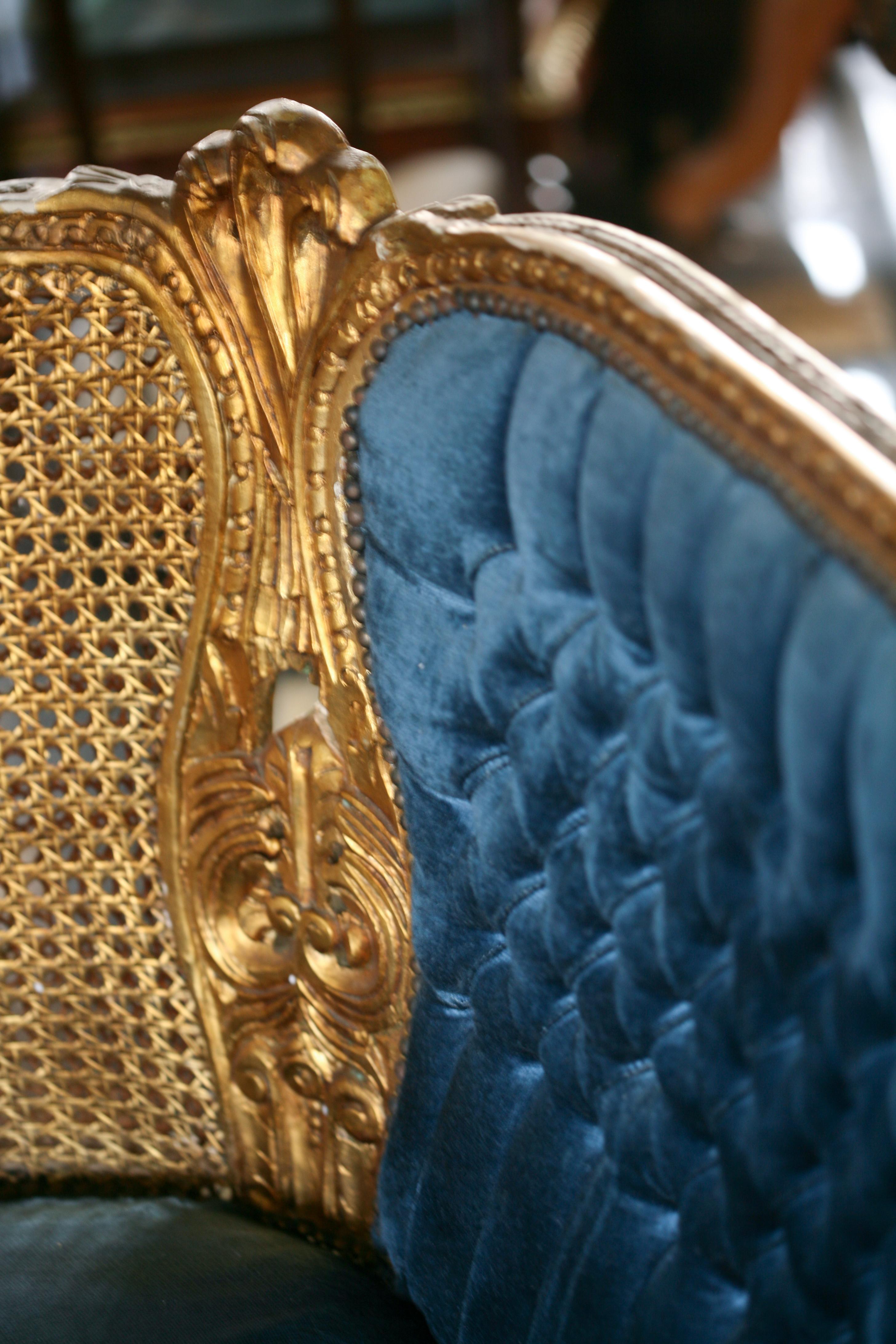Magnificent French Louis XVI Gilded Cane Blue Settee or Canapé 