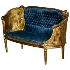Magnificent French Louis XVI Gilded Cane Blue Settee or Canapé "Corbeille"
