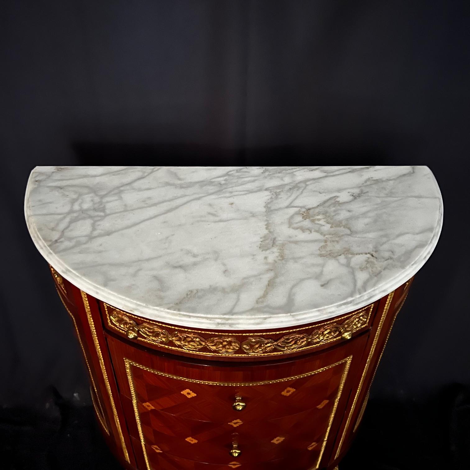 Mid-20th Century Magnificent French Louis XVI Style Marble Top Demilune Cabinet For Sale
