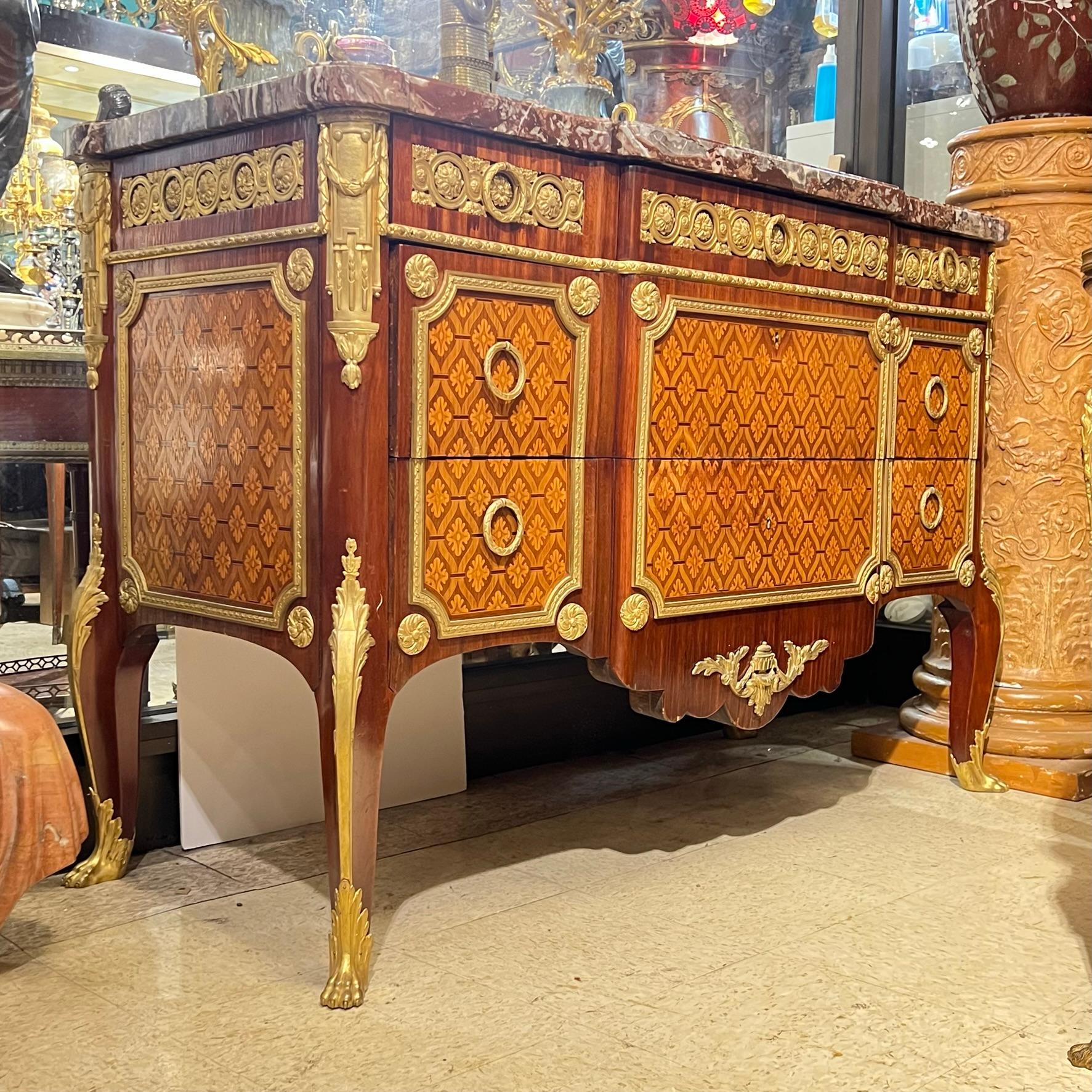 Gilt Magnificent French Louis XVI Style Marquetry Inlaid Marble Top Commode For Sale