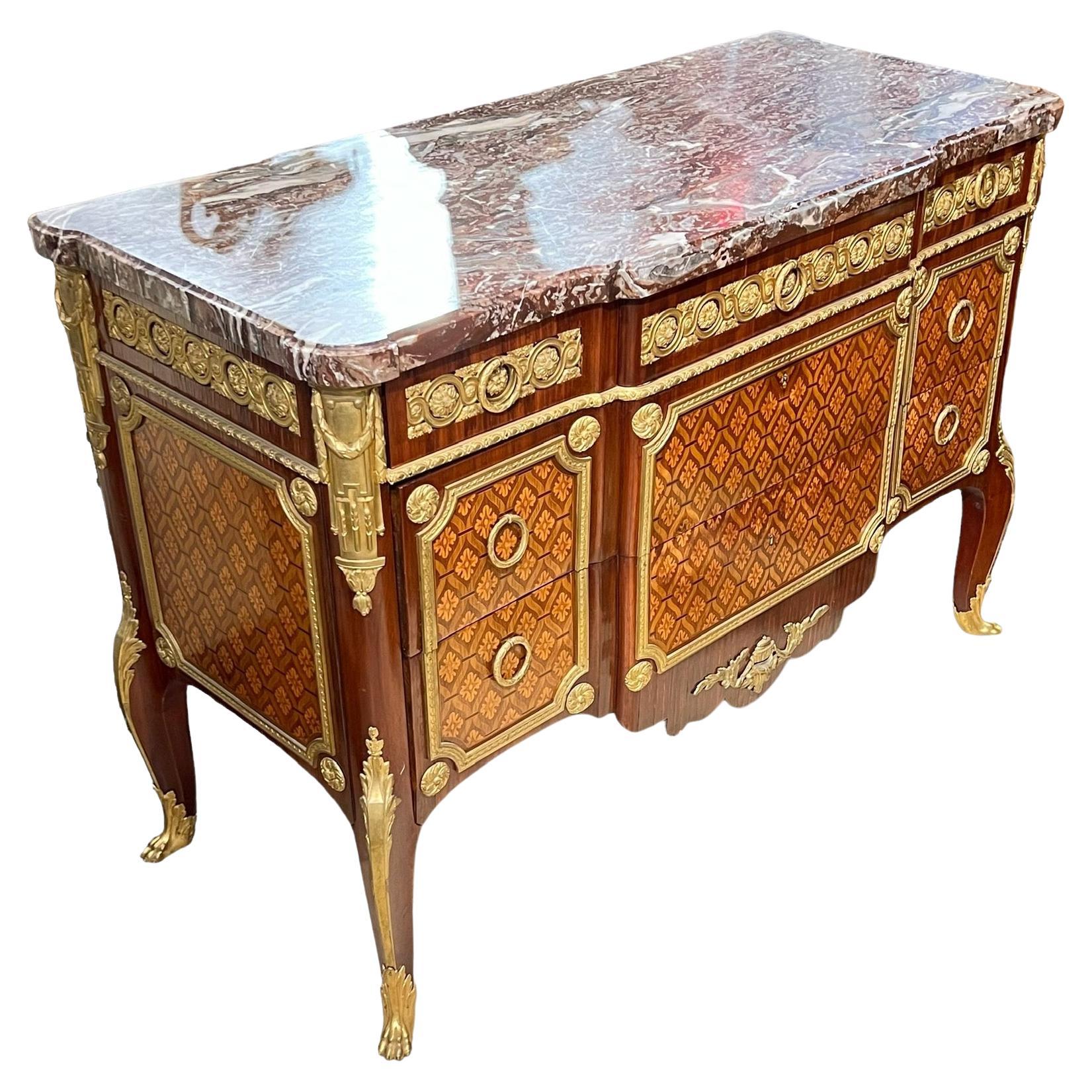 Magnificent French Louis XVI Style Marquetry Inlaid Marble Top Commode For Sale