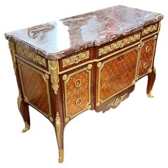 Magnificent French Louis XVI Style Marquetry Inlaid Marble Top Commode