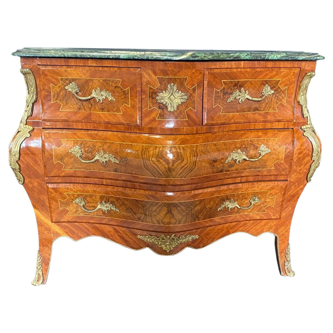 Magnificent French Marble Top Bombe Chest of Drawers or Commode For Sale