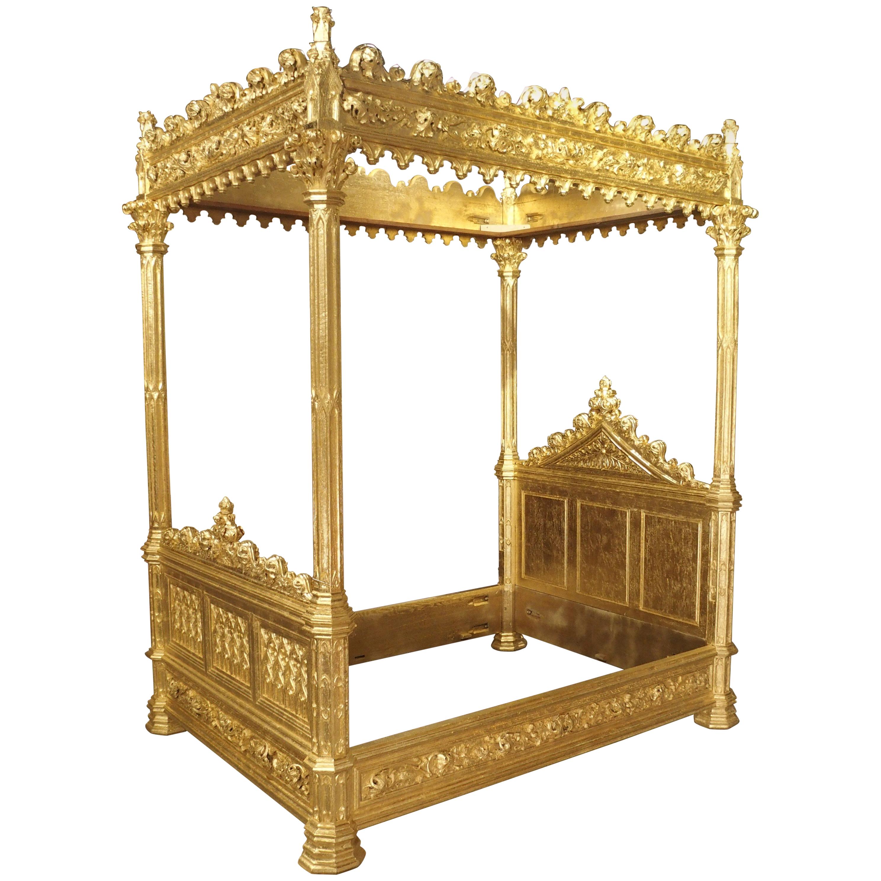Magnificent Fully Carved Antique French Gothic Bed in 23.5-Karat Gold Leaf