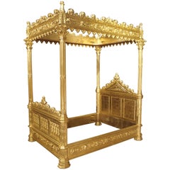 Magnificent Fully Carved Antique French Gothic Bed in 23.5-Karat Gold Leaf