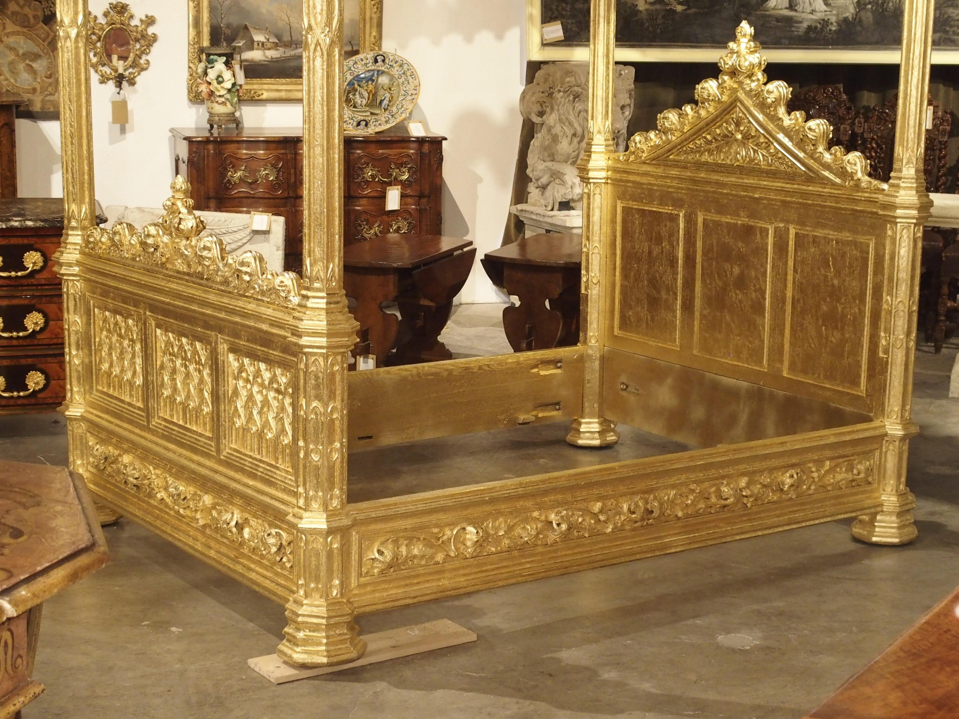 Magnificent Fully Carved Antique French Gothic Bed in 23.5-Karat Gold Leaf 13
