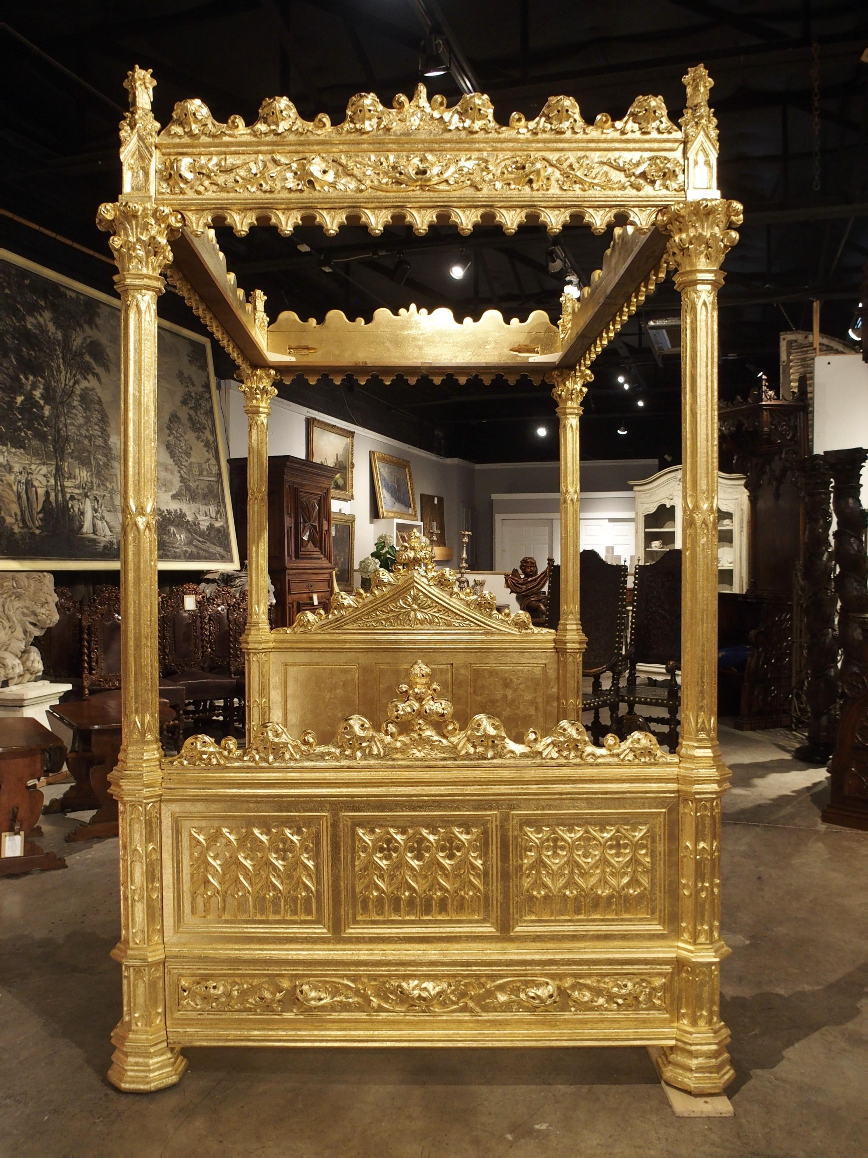 Hand-Carved Magnificent Fully Carved Antique French Gothic Bed in 23.5-Karat Gold Leaf