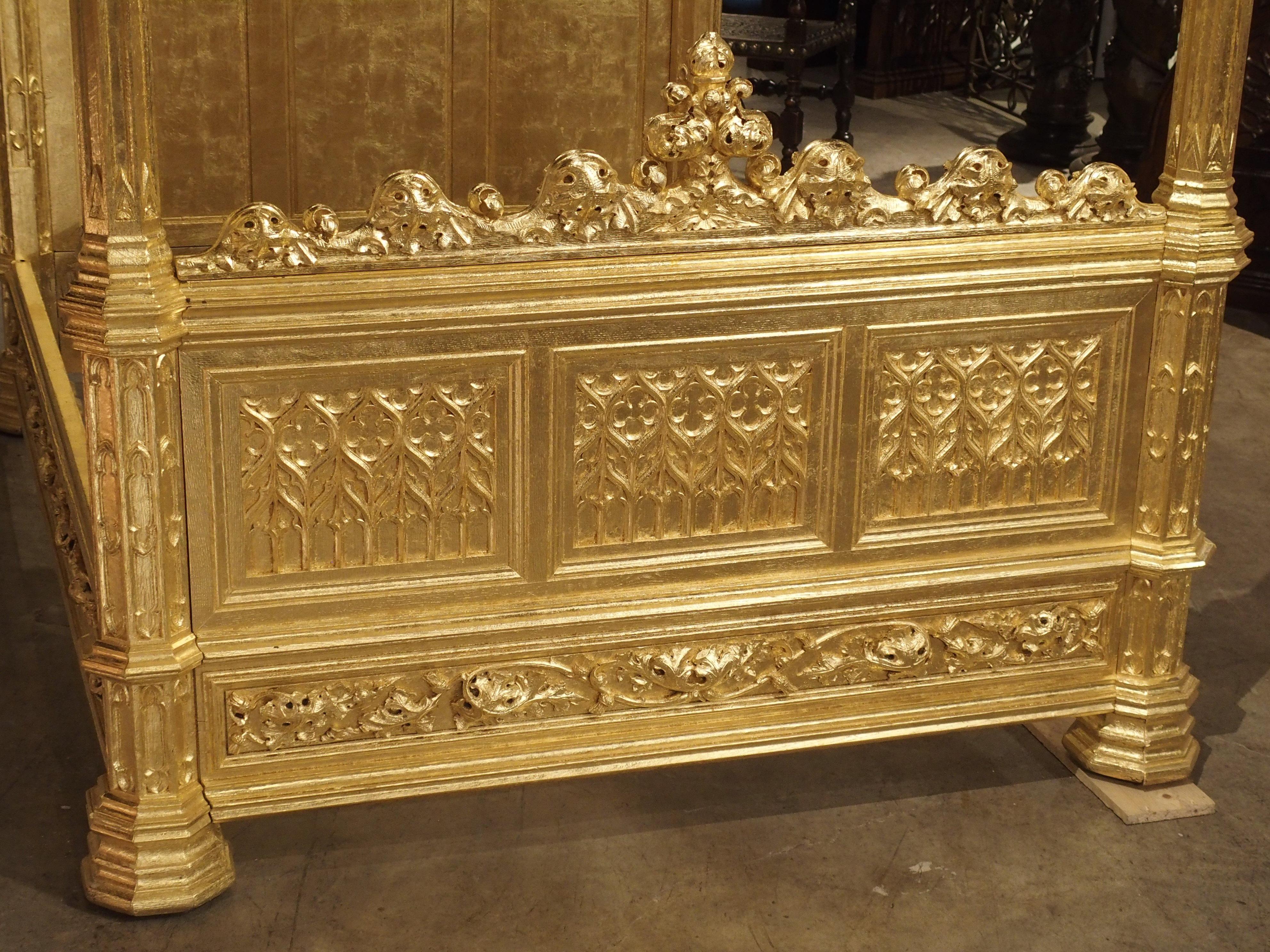 Magnificent Fully Carved Antique French Gothic Bed in 23.5-Karat Gold Leaf In Good Condition In Dallas, TX
