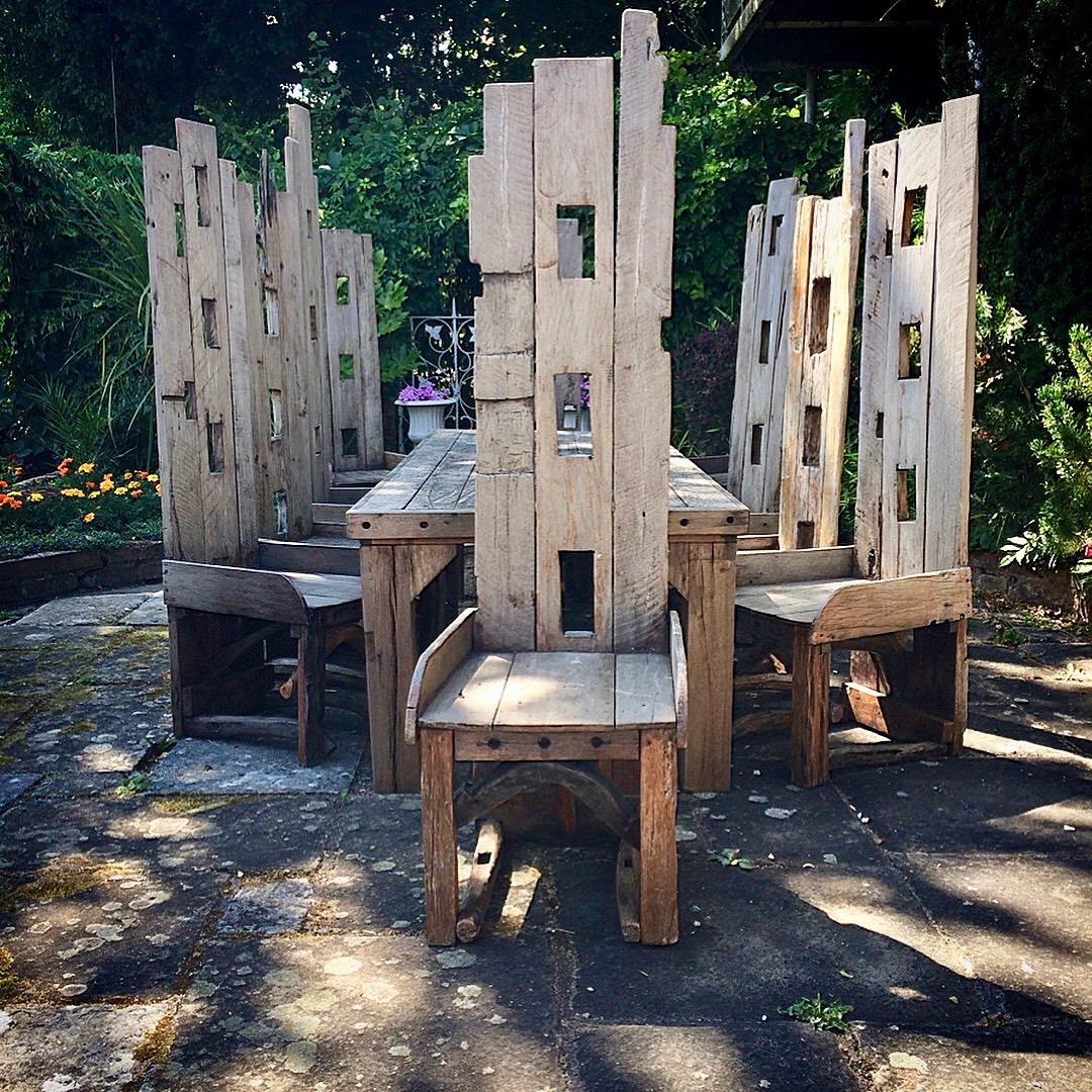 Magnificent Garden Dining Table with Ten Matching Chairs Reclaimed Rustic In Good Condition In Longdon, Tewkesbury