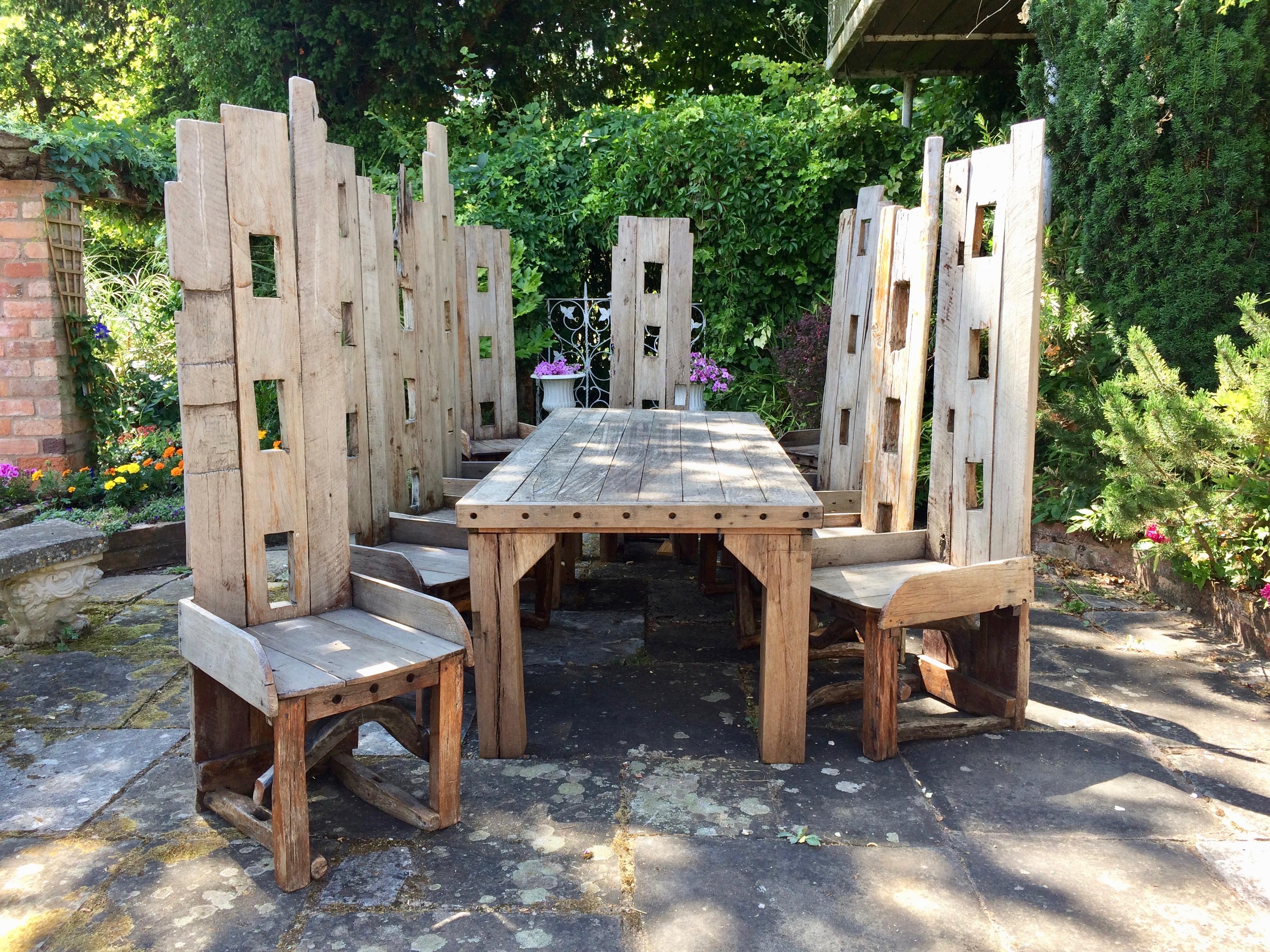 Oak Magnificent Garden Dining Table with Ten Matching Chairs Reclaimed Rustic