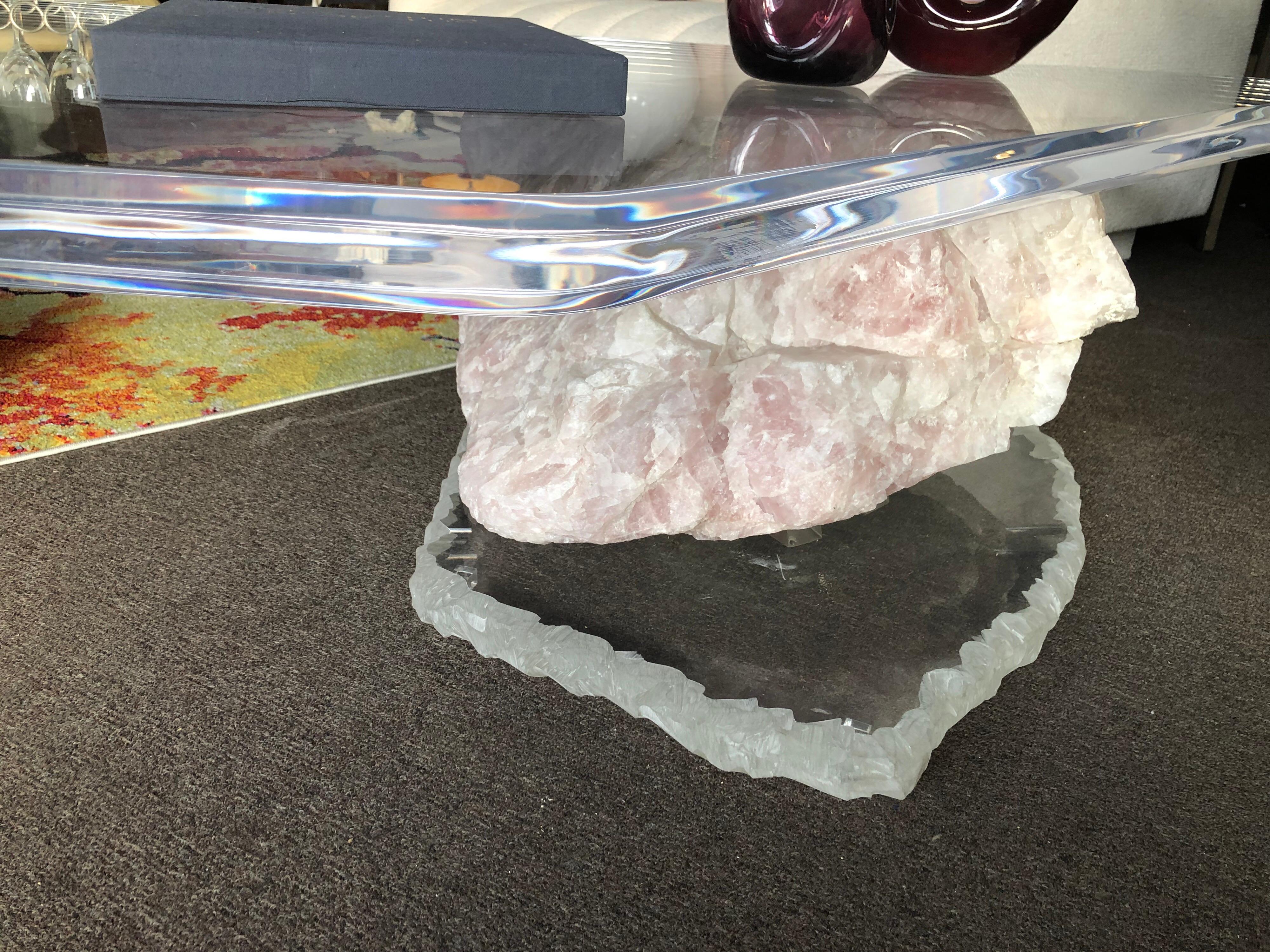 Carved Gary Jon Custom Designed Modern Rose Quartz Boulders & Lucite Coffee Table