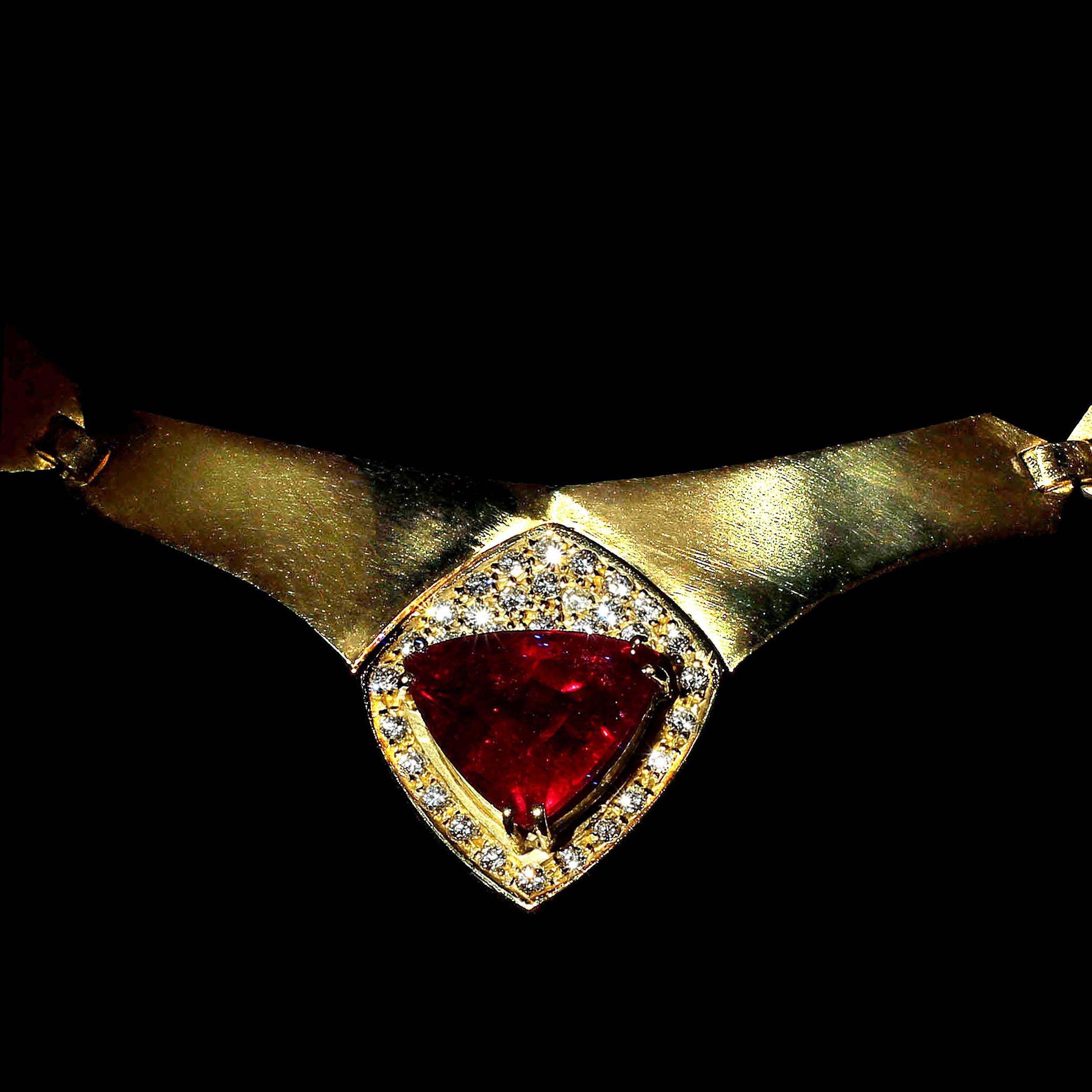 Artisan AJD Magnificent Rubelite and Diamond Collar in Rich 18 Karat Yellow Gold For Sale