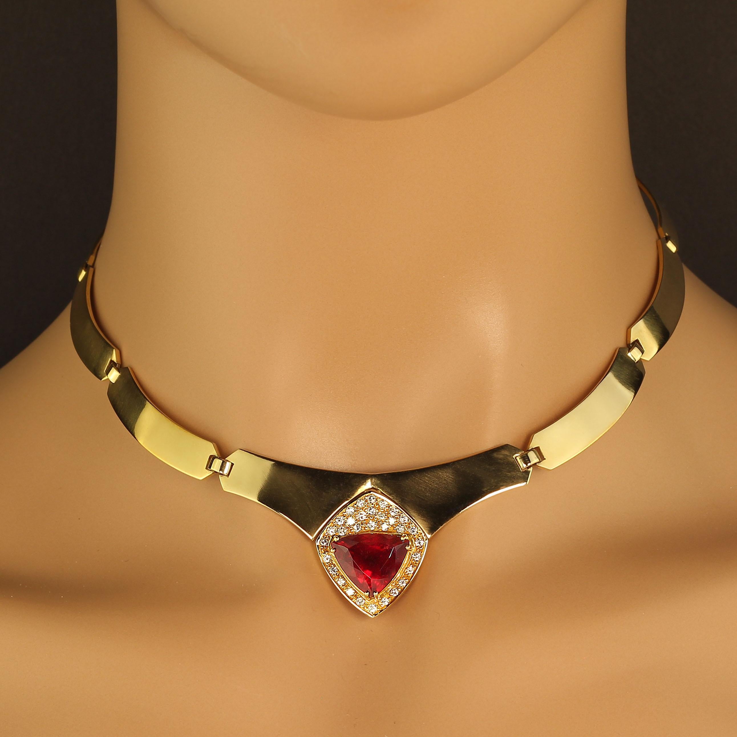 Beautiful Brazilian Handmade 18K Yellow Gold Collar with Trillion Red Brazilian Rubelite (13x13mm) surrounded, est 7.5 ct, with pave diamond est 0.65ctw H/I color, SI clarity,  work.  One of a kind Elegant Evening Statement Necklace. This unique 18K