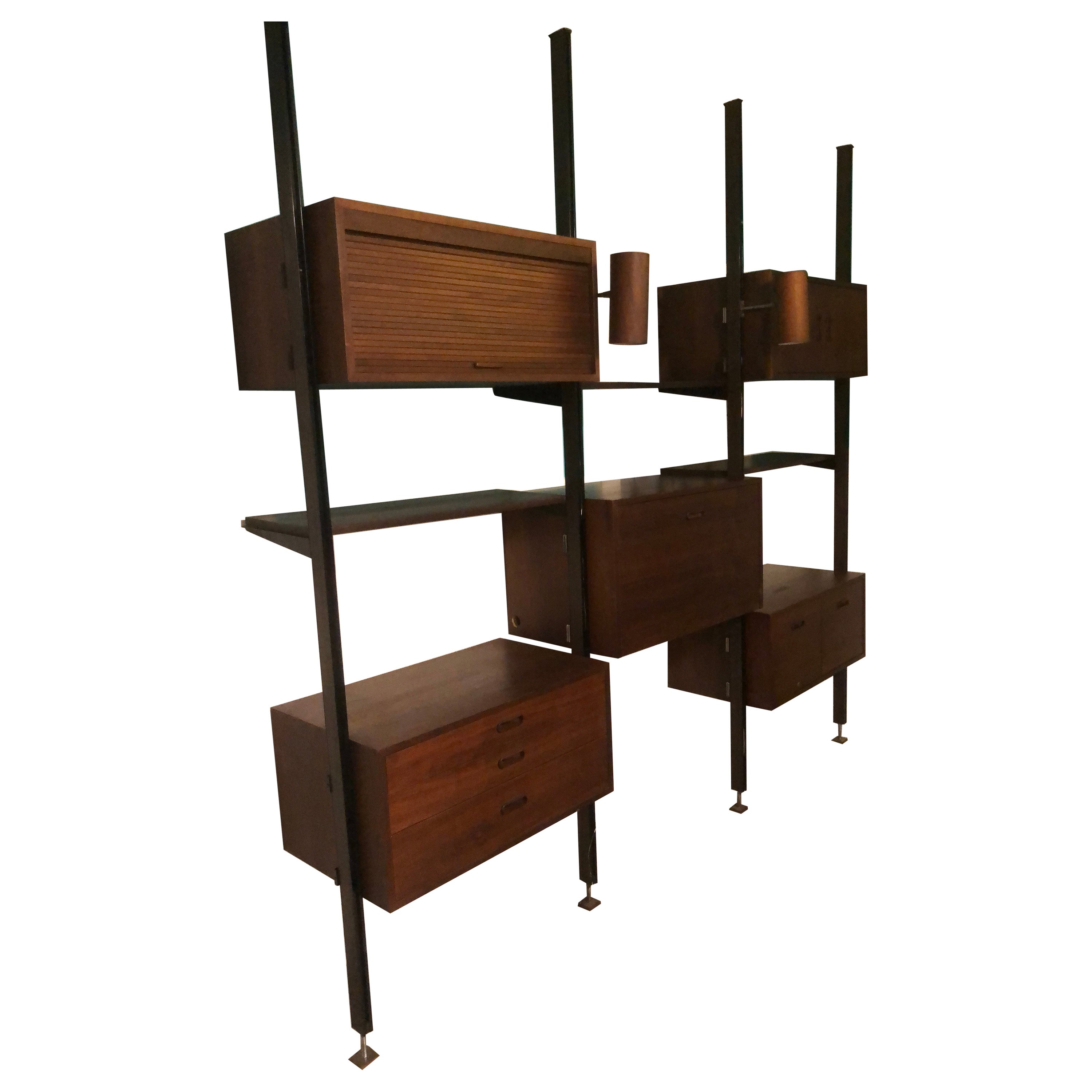 Magnificent George Nelson 3 Bay Walnut Omni Wall Unit Mid Century Modern