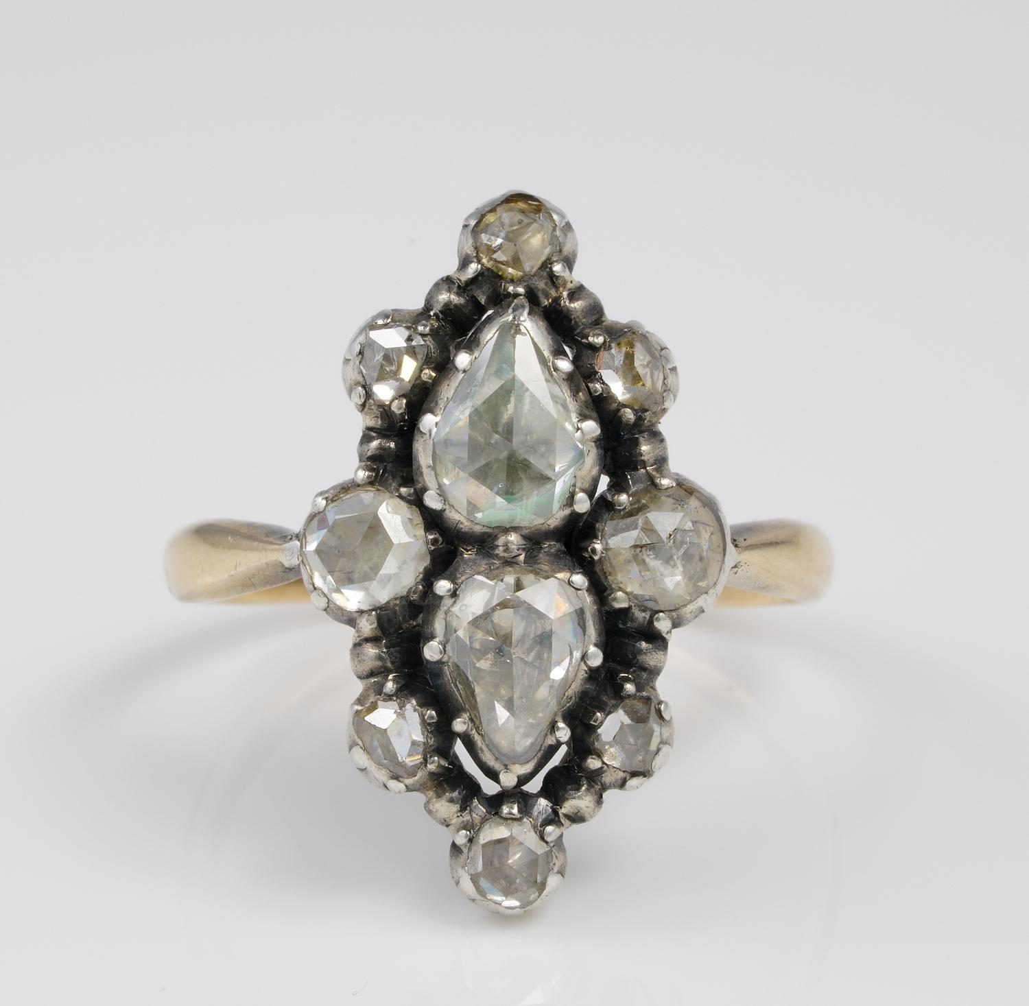Rose Cut Magnificent Georgian 1.70 Carat Diamond Rare Navette Cluster Ring, circa 1760 For Sale