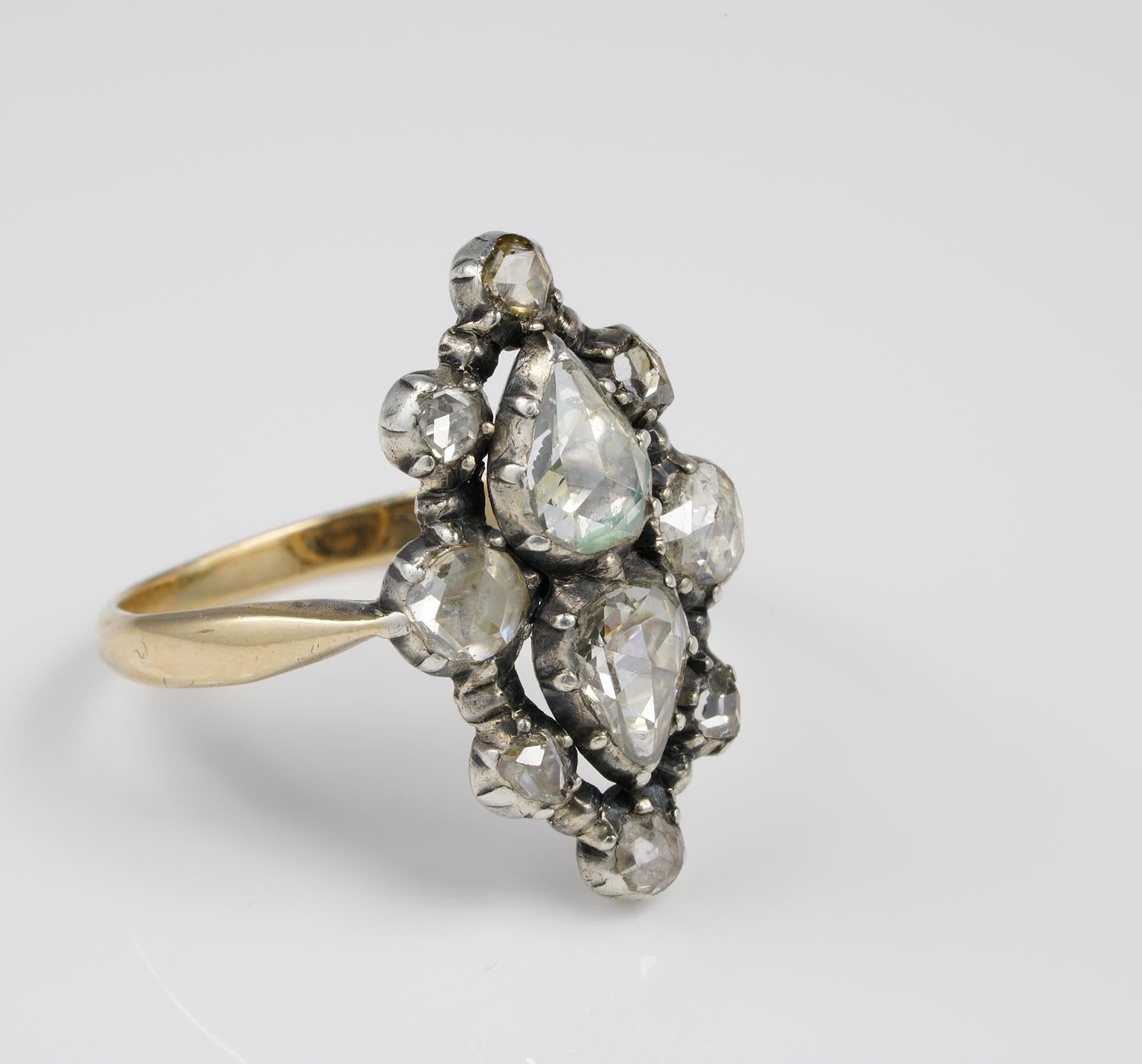 Women's Magnificent Georgian 1.70 Carat Diamond Rare Navette Cluster Ring, circa 1760 For Sale
