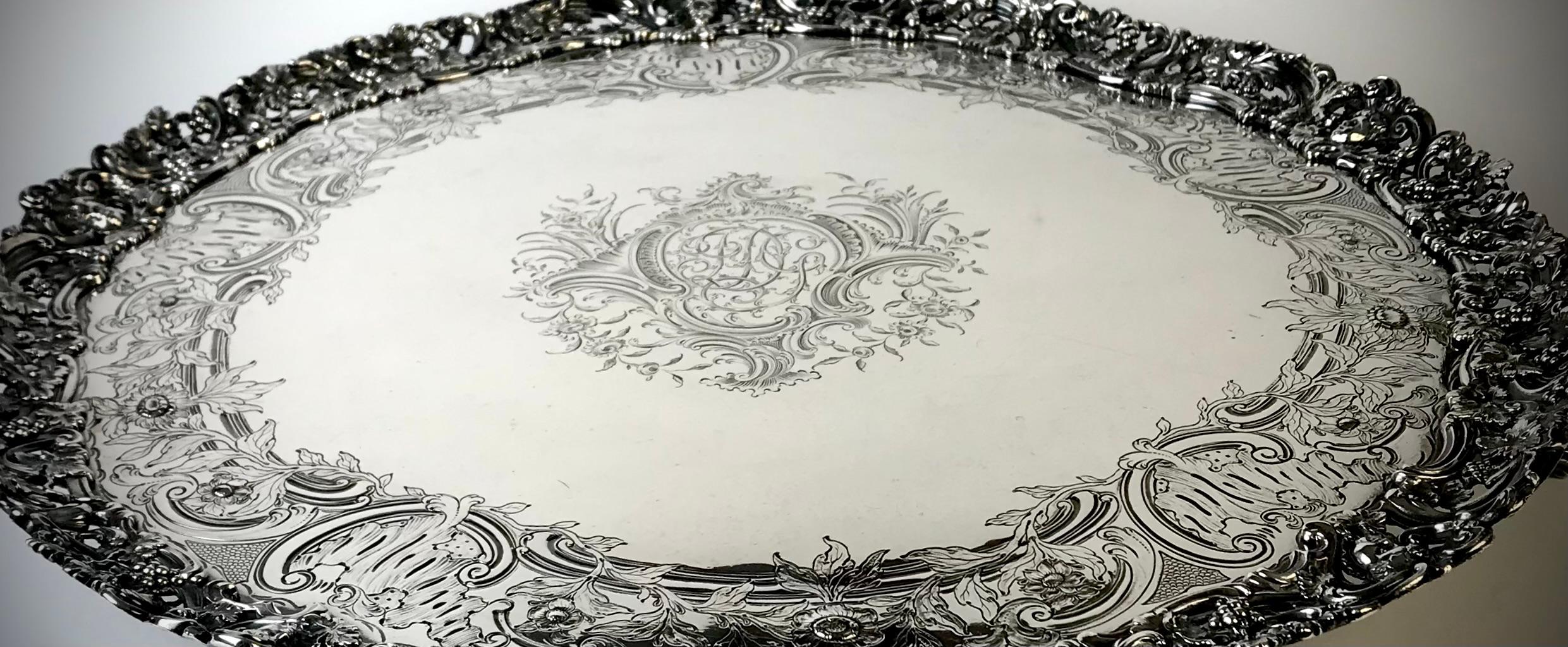 A magnificent Solid Silver Sterling Georgian salver made by the celebrated Huguenot silversmith Samuel Courtauld.

Very impressive size and weight with exquisite detailing to the border.

Hallmarked for London 1762
Silversmith Samuel Courtauld