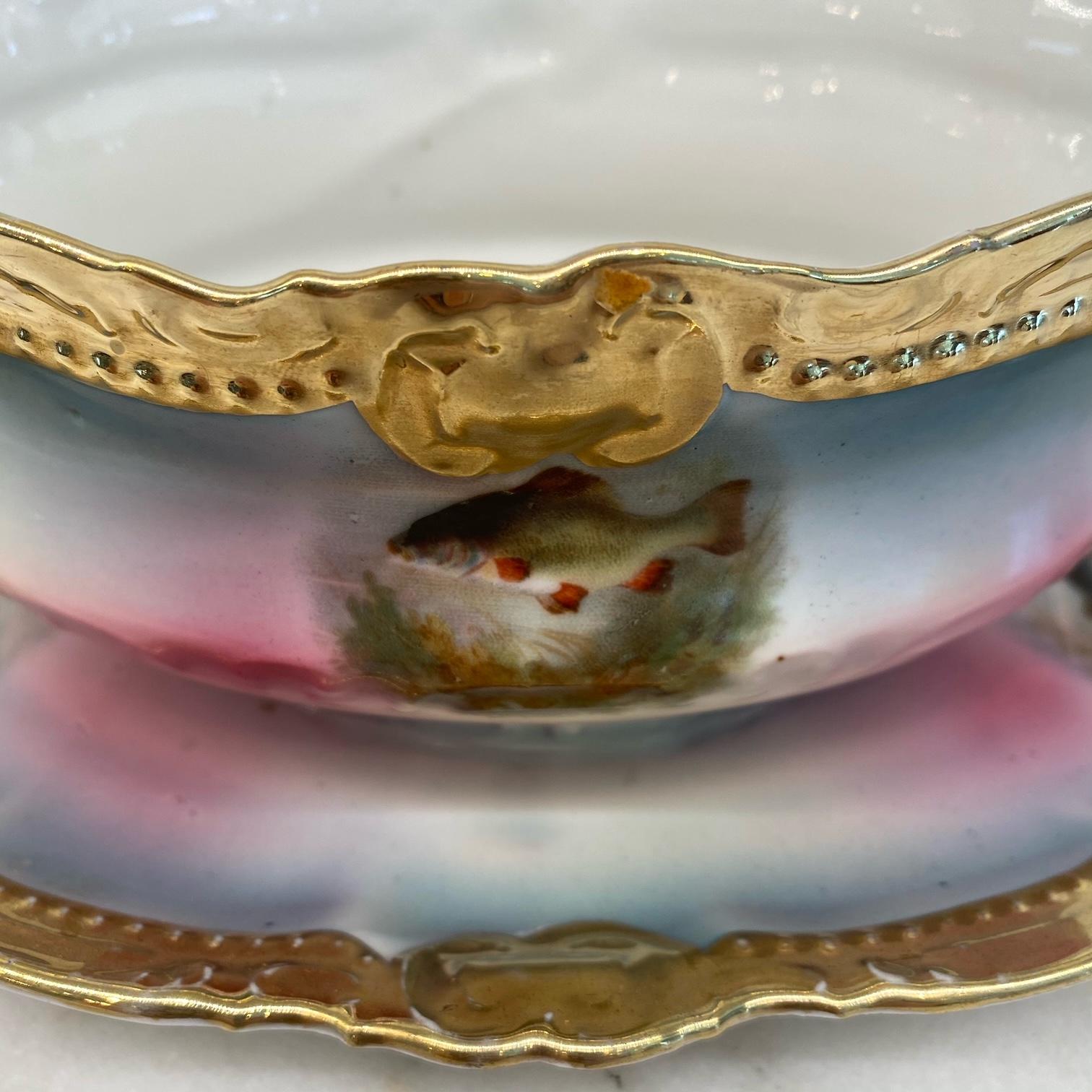 Magnificent German Porcelain Handpainted Gold Gilt Fish Serving Set For Sale 5