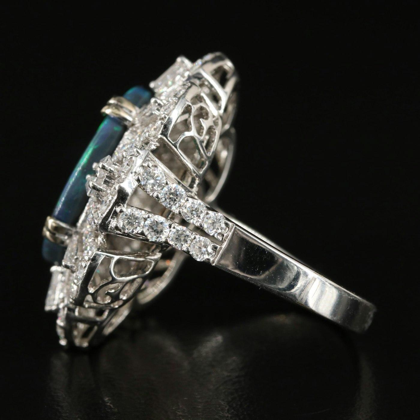 Magnifique bague en or blanc 18 carats GIA 4.63 Opale Noire Naturelle Diamant Estate en vente 3