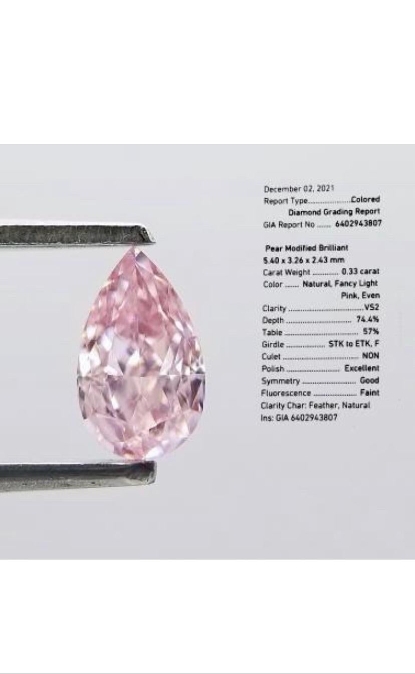 Pear Cut Magnificent GIA Certified Ct 0, 33 of Natural Fancy Light Pink Diamond For Sale