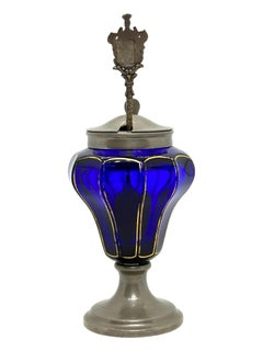 Magnifico vaso di vetro blu dorato e peltro per mostarda o marmellata, antico tedesco