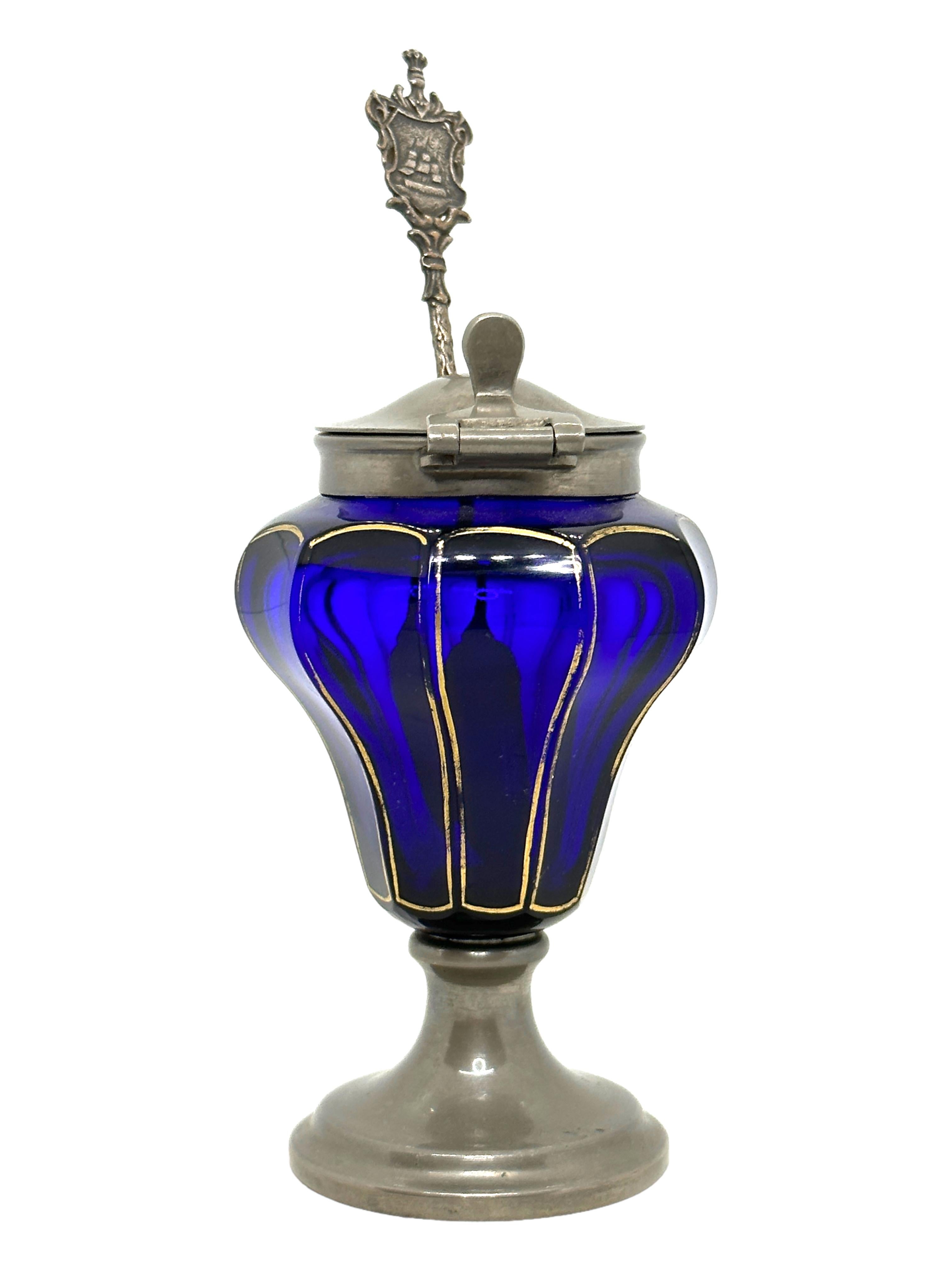 Art Nouveau Magnificent Gilded Blue Glass & Pewter Mustard or Marmalade Pot, Antique German