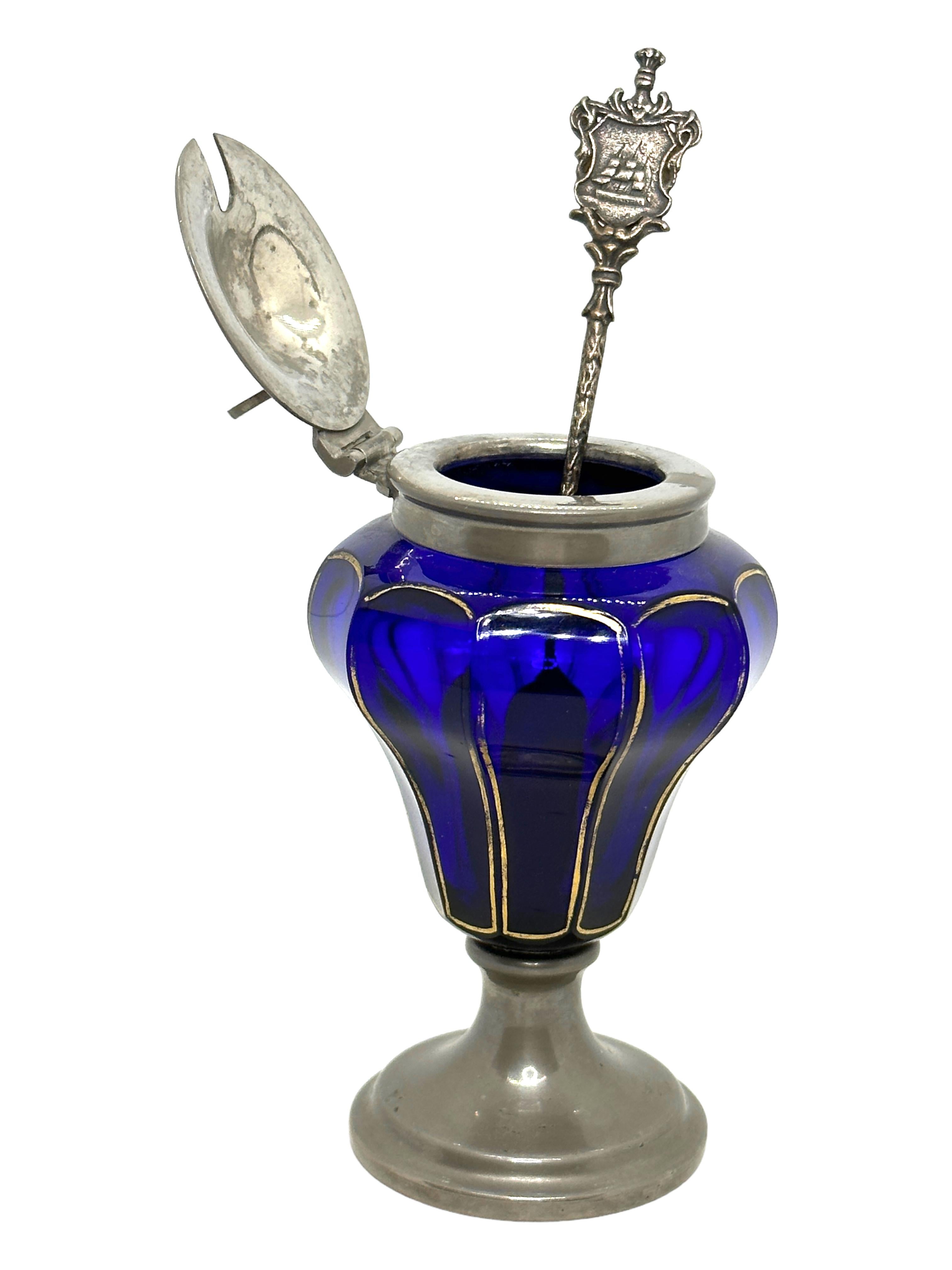 Hand-Crafted Magnificent Gilded Blue Glass & Pewter Mustard or Marmalade Pot, Antique German