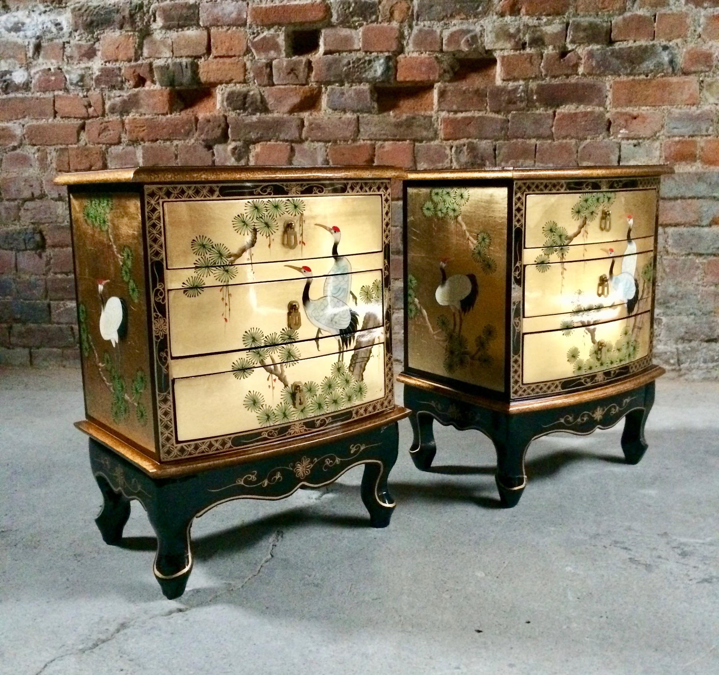 Anglo-Japanese Magnificent Gilded Japanese Bedside Cabinets Nightstands and Trunk Lacquered