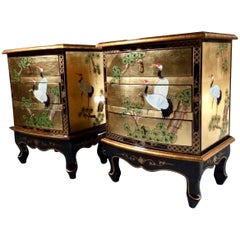 Antique Magnificent Gilded Japanese Bedside Cabinets Nightstands and Trunk Lacquered
