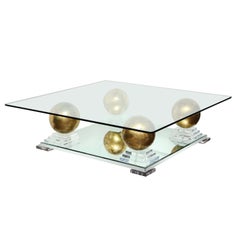 Magnificent Glass Coffee Table with Mirror & Lucite Base with Gold Spheres