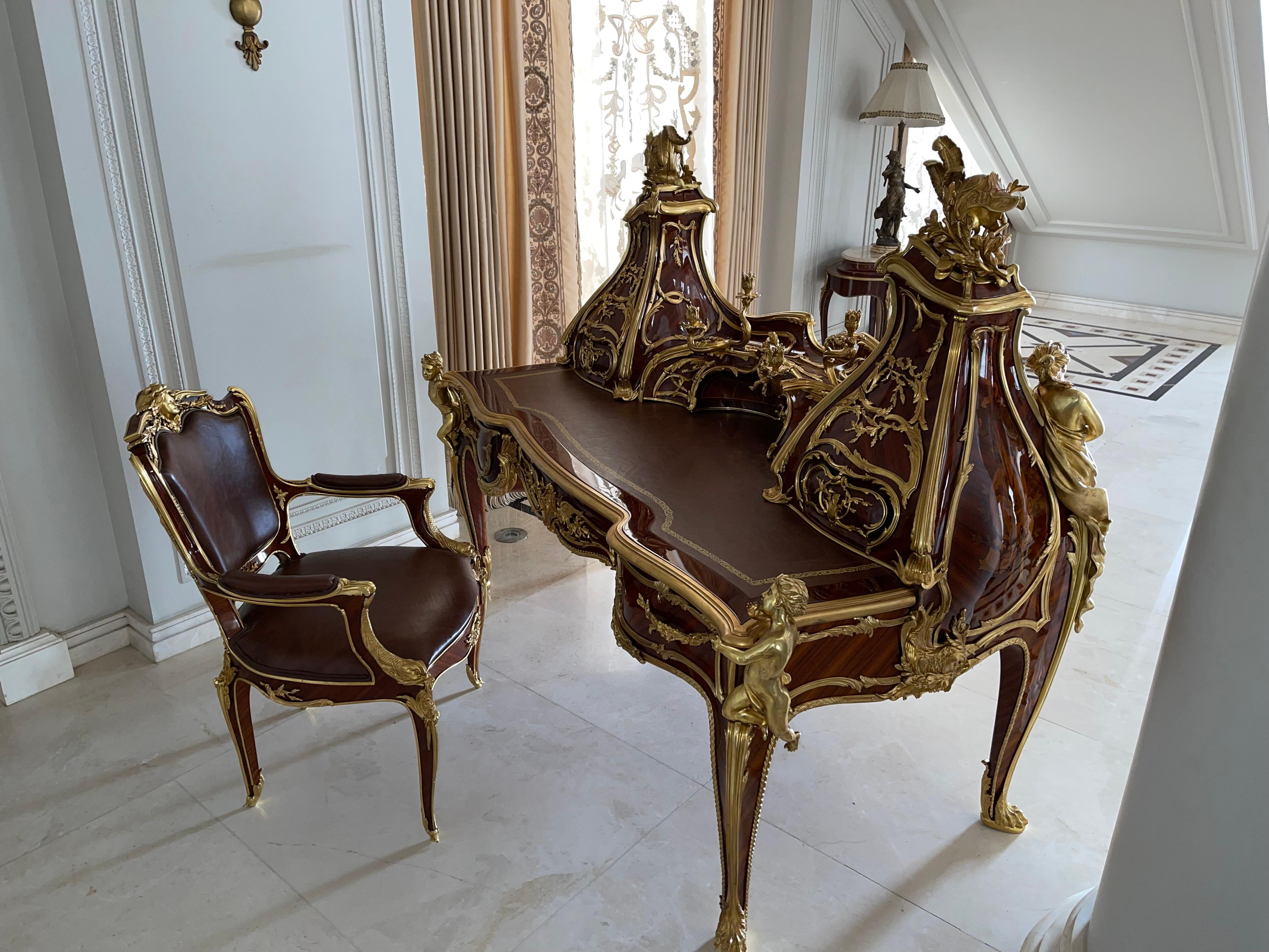 French Magnificent Grand Bureau / Writing Desk Louis XV, After Francois Linke, Paris  For Sale