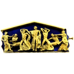 Magnificent Greek Enamel Male Figures Temple of Zeus at Olympia Gold Pin Brooch