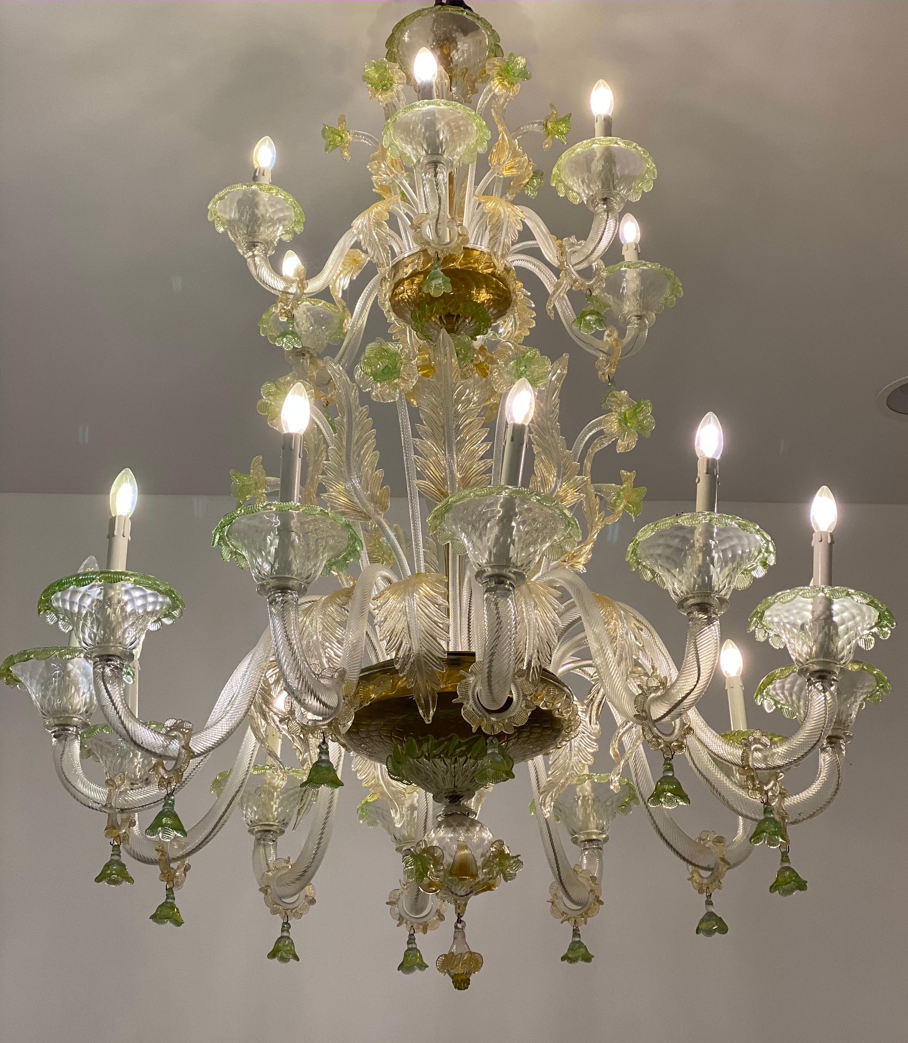 Magnificent Green and Gold Murano Glass Chandeliers  For Sale 3