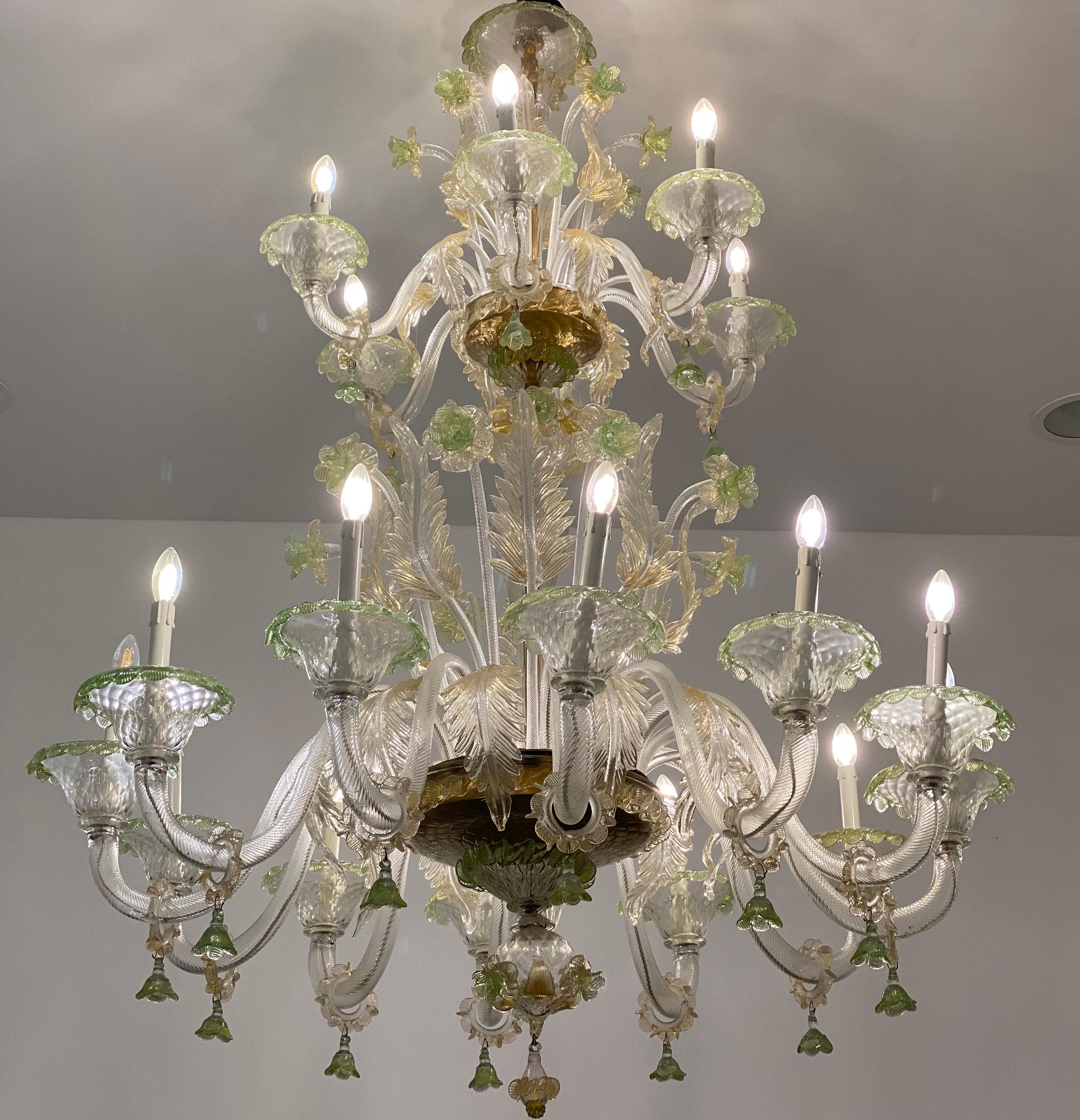 Magnificent Green and Gold Murano Glass Chandeliers  For Sale 4