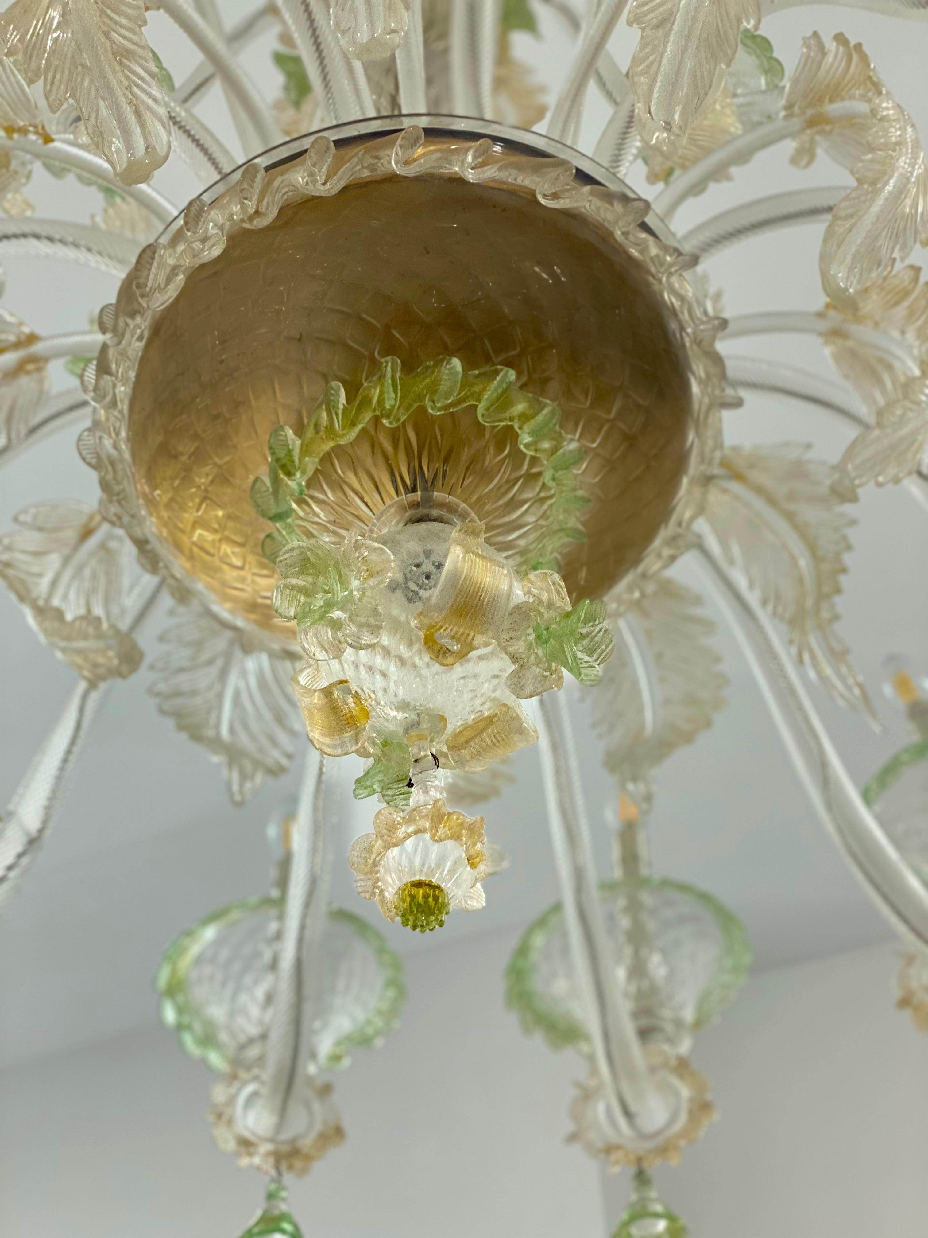 Magnificent Green and Gold Murano Glass Chandeliers  For Sale 5