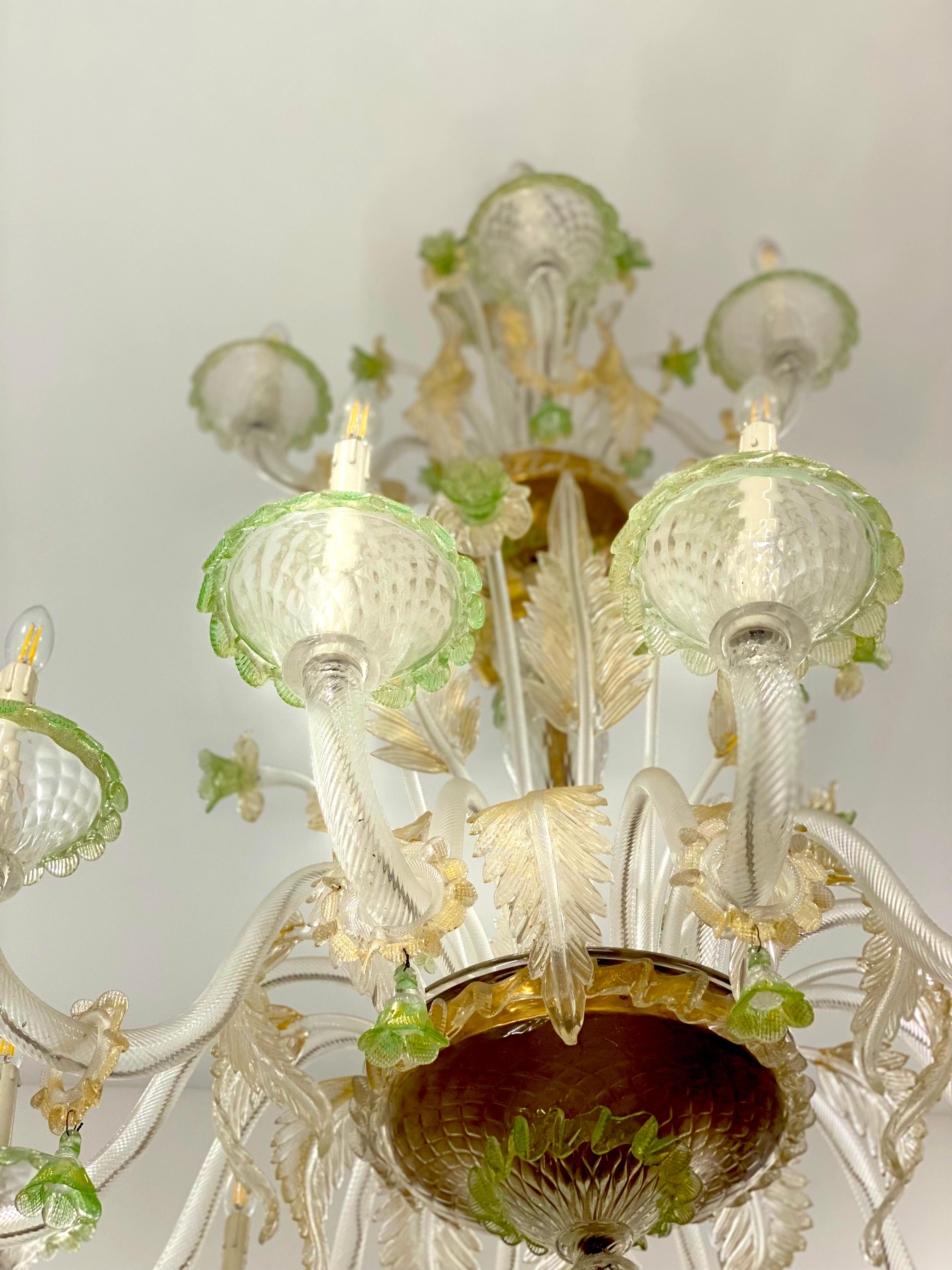 Magnificent Green and Gold Murano Glass Chandeliers  For Sale 6
