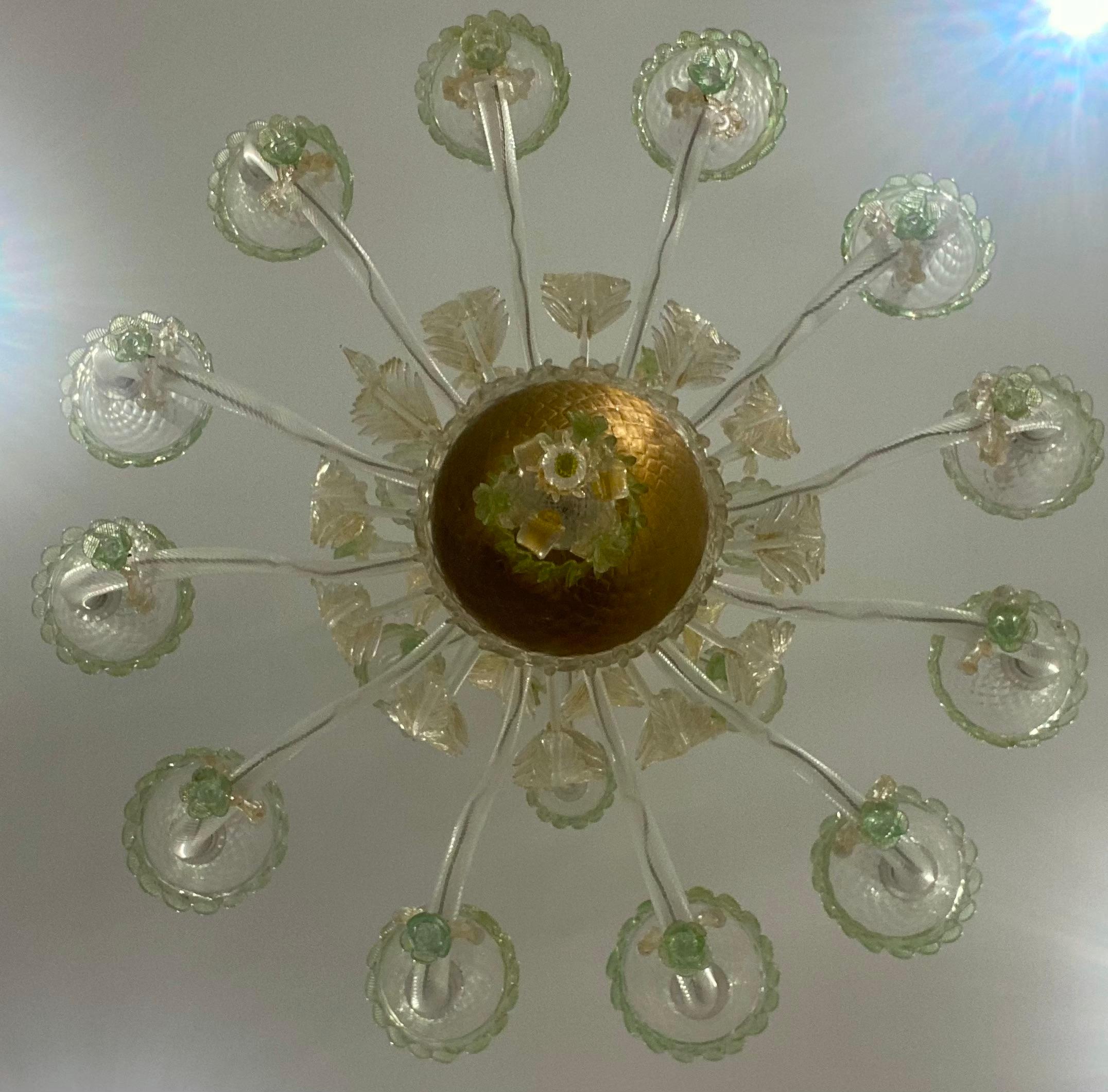 Italian Magnificent Green and Gold Murano Glass Chandeliers  For Sale