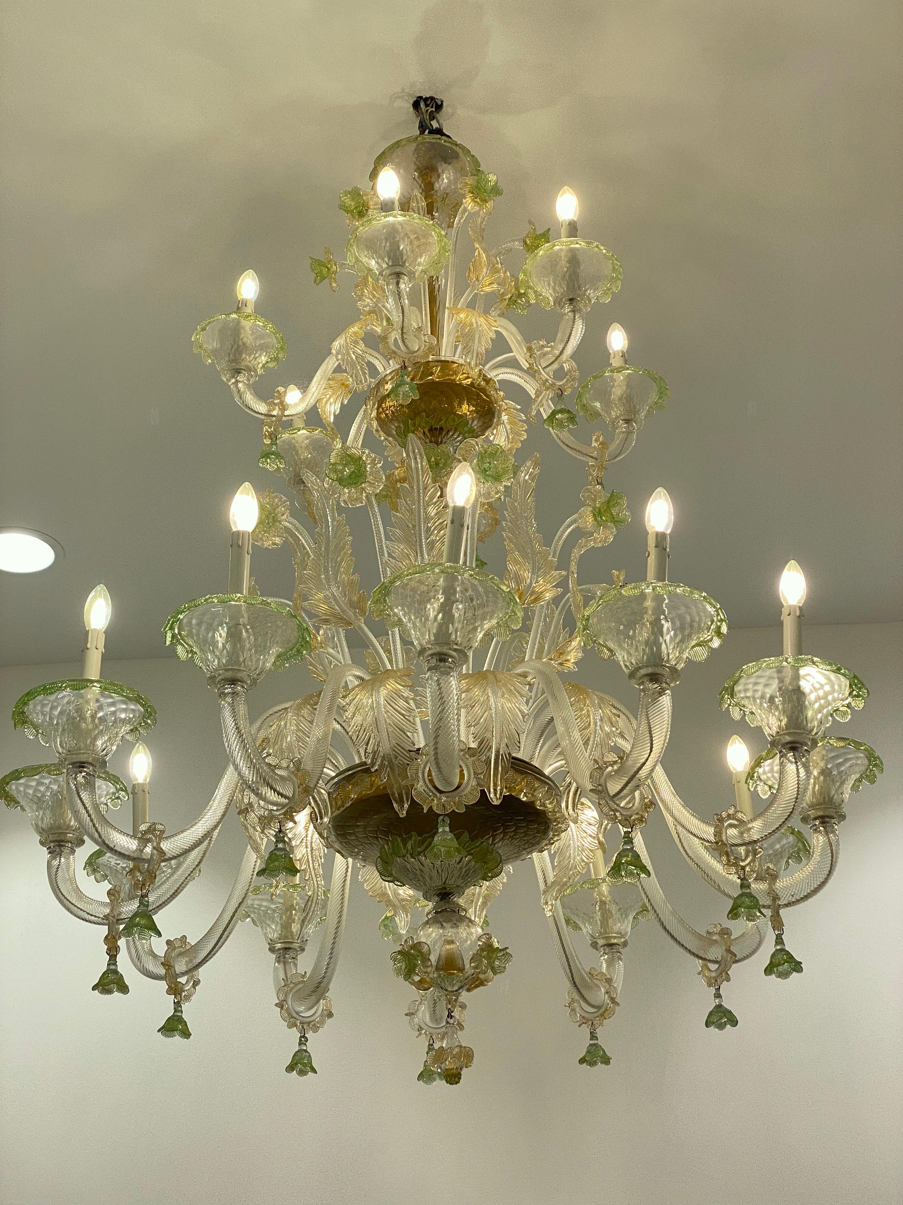 Late 20th Century Magnificent Green and Gold Murano Glass Chandeliers  For Sale